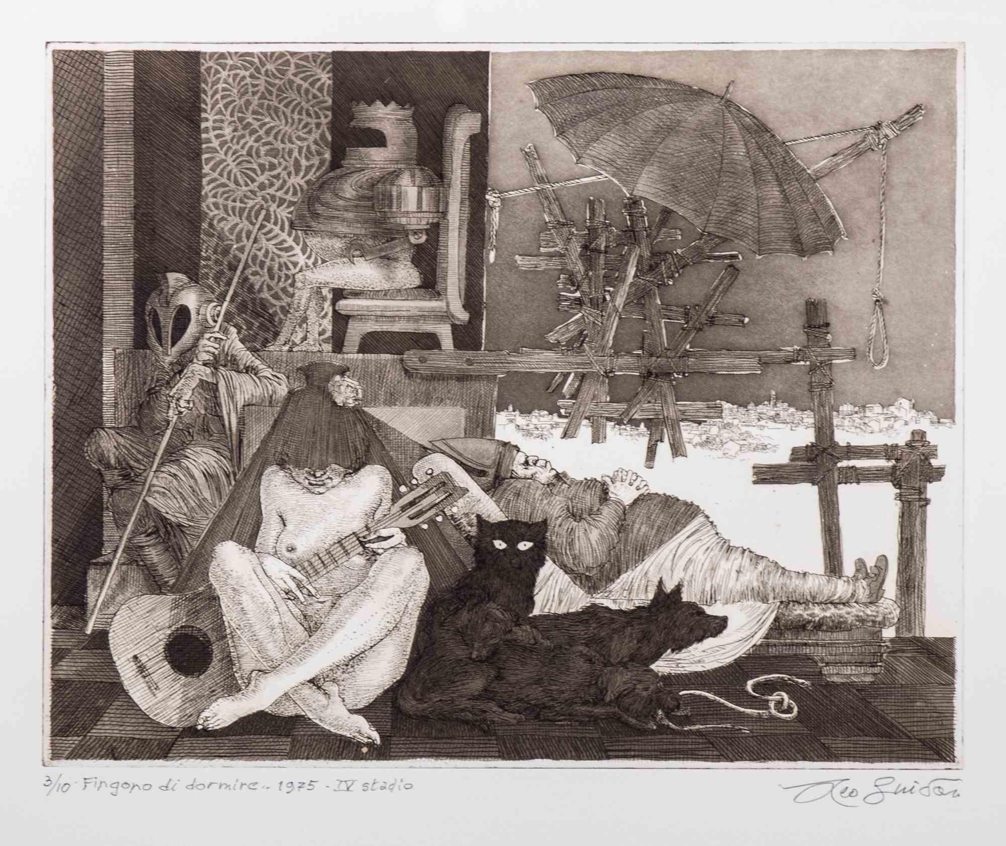 They pretend to sleep is a contemporary artwork realized by Leo Guida in 1975

Black and white etching.

Hand signed, dated, and titled on the lower margin.

Original title: Fingono di dormire

Edition 3/10 IV stadio

Includes frame

Leo Guida 