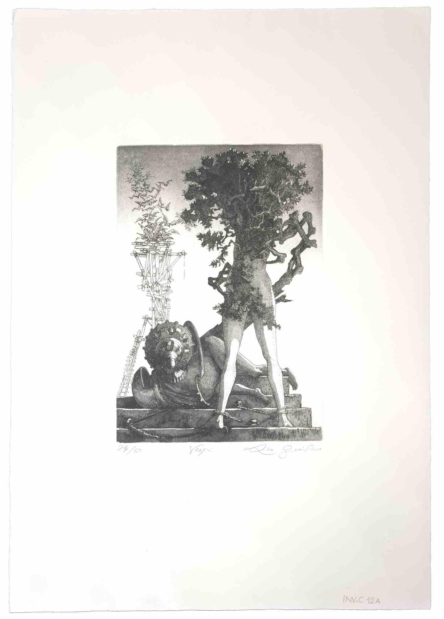 Vespers is an original etching and aquatint realized by Leo Guida in 1970s.

Guter Zustand.

Mounted on a white cardboard passpartout (50x34 cm).

Edition 25/50.

Hand-signed.

Leo Guida  (1992 - 2017). Sensitive to current issues, artistic