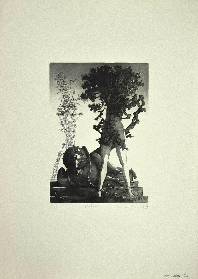 Vespri ist ein originales zeitgenössisches Kunstwerk des italienischen Künstlers Leo Guida aus dem Jahr 1976.

Original-Radierung auf Papier. 

Nummeriert, betitelt, datiert und handsigniert mit Bleistift am unteren Rand: 2/50 Vespri Leo Guida