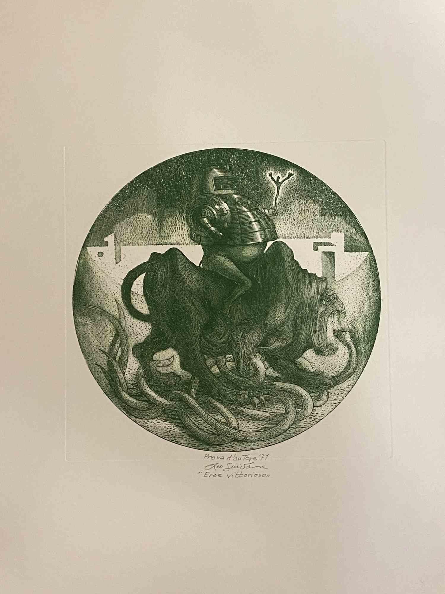 Winning Hero ist ein originalgetreues Kunstwerk  im Jahr 1971  von dem italienischen zeitgenössischen Künstler  Leo Guida  (1992 - 2017).

Farbige Originalradierung auf elfenbeinfarbenem Karton.
Am unteren Rand handsigniert und datiert. Kat. INV.C