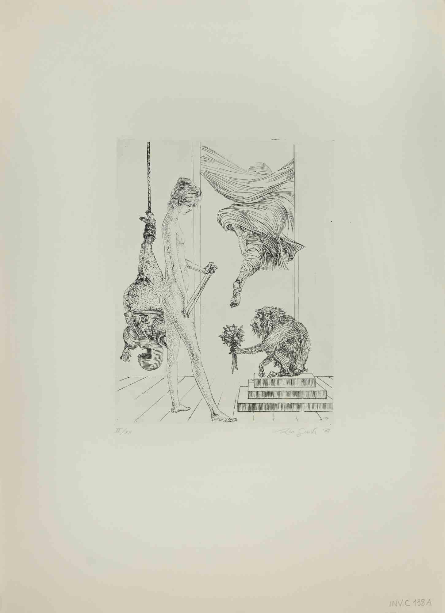 Woman with monkey is an artwork realized by Leo Guida, in 1971. 

Etching, 50 x 70 cm.

Edition II/XX

Hand signed and dated lower right margin.

Very good conditions