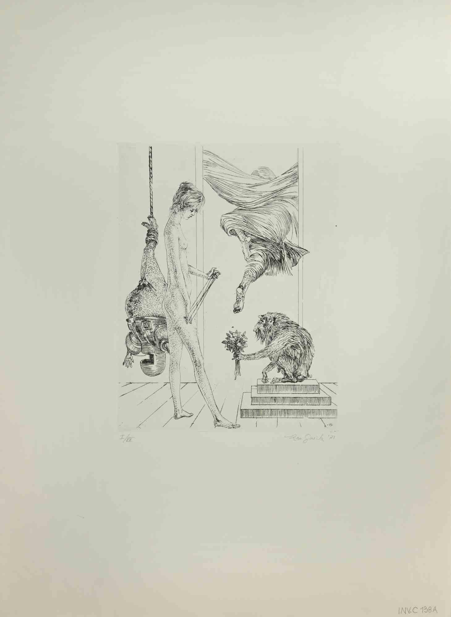 Frau mit Affe ist ein Kunstwerk von Leo Guida aus dem Jahr 1971. 

Radierung, 50 x 70 cm.

Ausgabe I/XX

Handsigniert und datiert am unteren rechten Rand.

Sehr gute Bedingungen