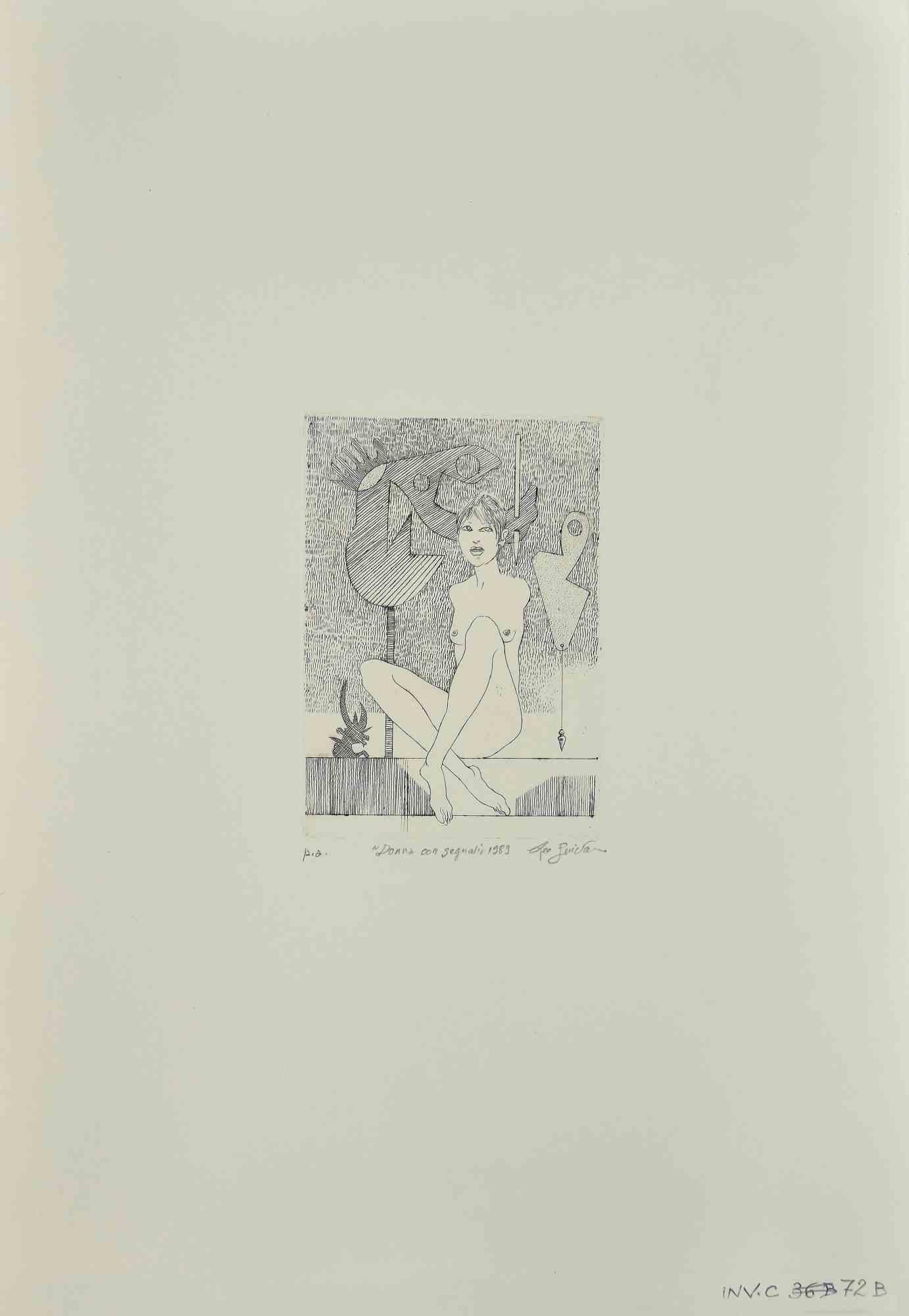 Woman with Signals - Original Etching by Leo Guida - 1989