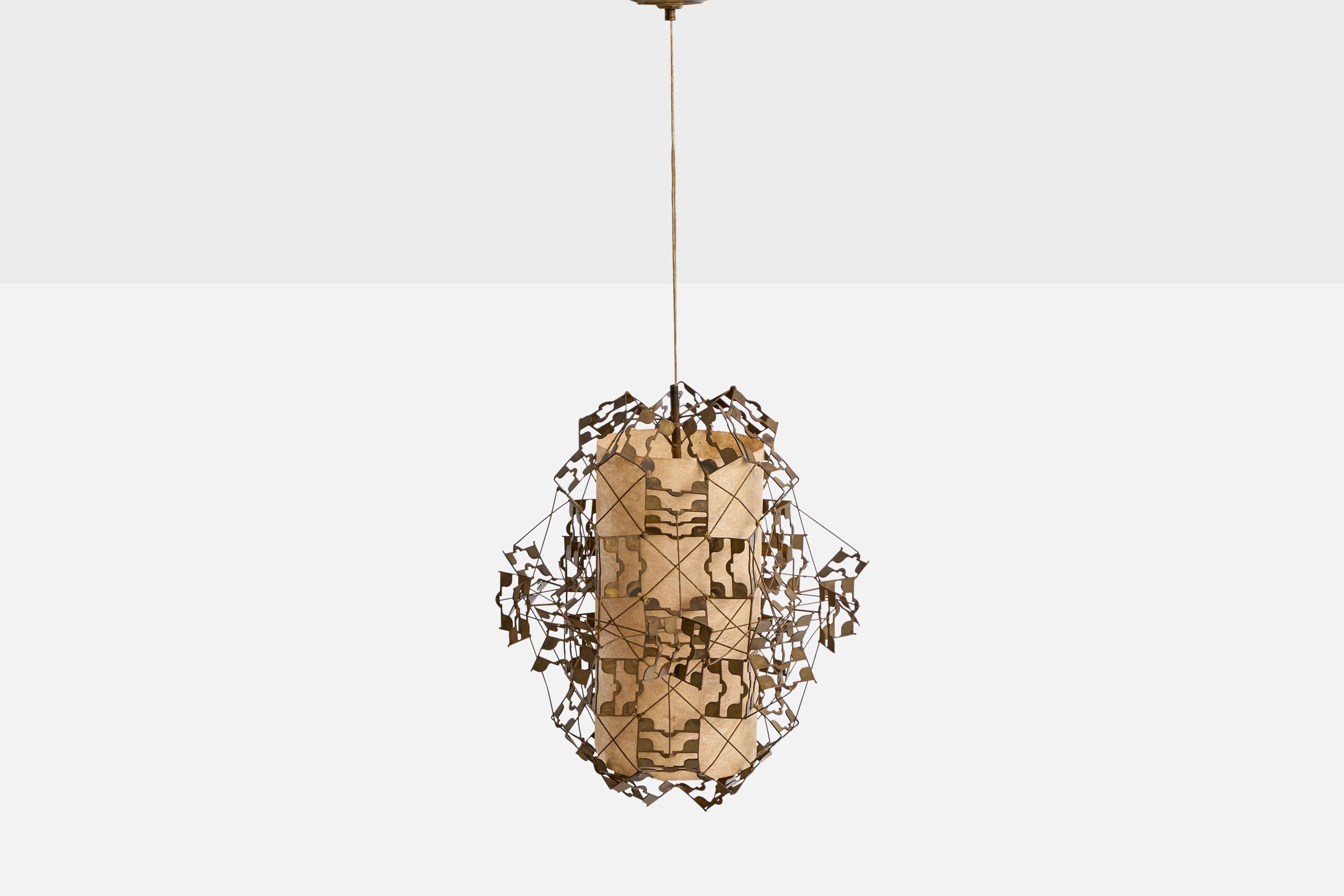 Américain Leo Jensen, lampe à suspension, laiton, papier parchemin, États-Unis, 1958 en vente
