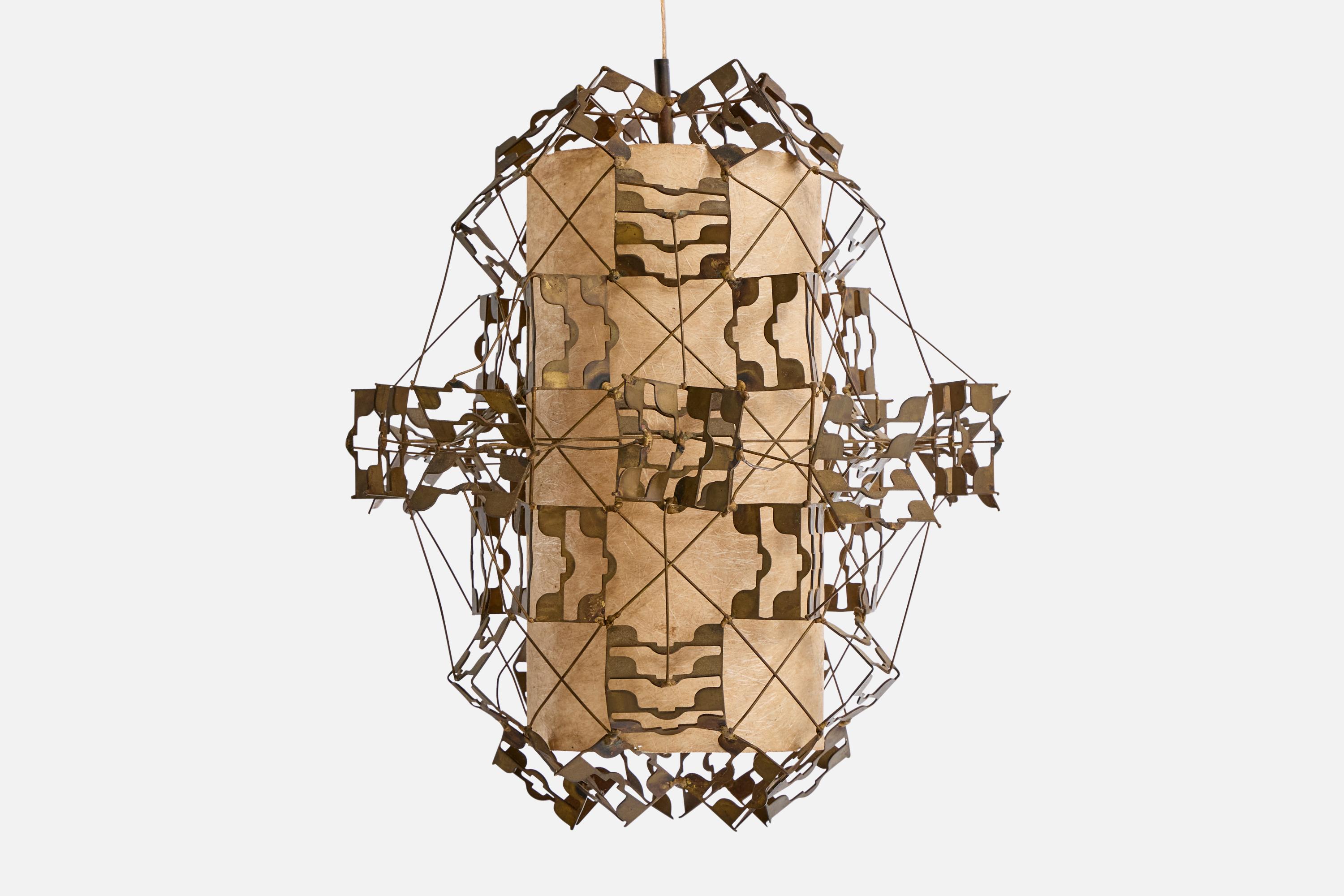 Leo Jensen, lampe à suspension, laiton, papier parchemin, États-Unis, 1958 Bon état - En vente à High Point, NC