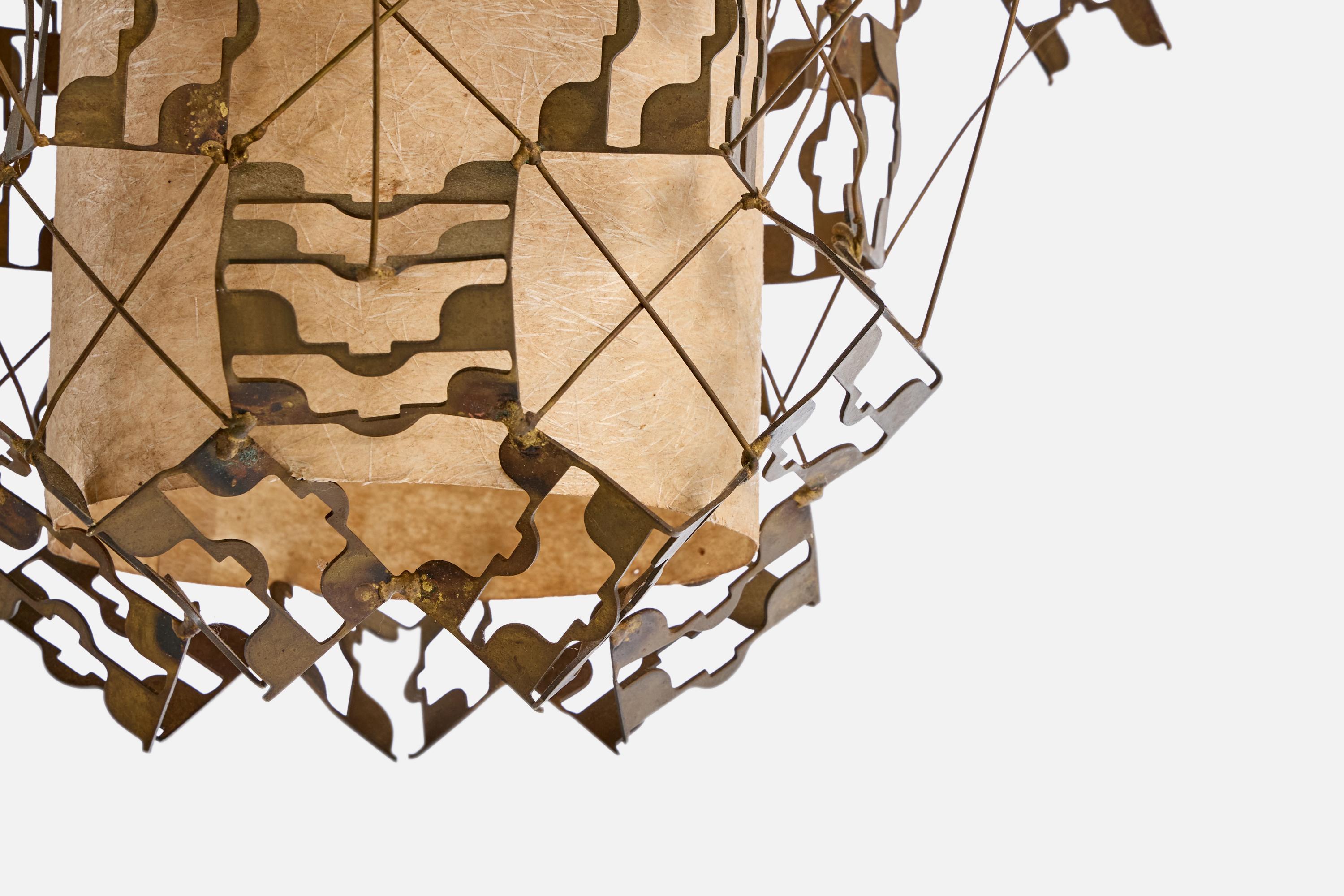 Milieu du XXe siècle Leo Jensen, lampe à suspension, laiton, papier parchemin, États-Unis, 1958 en vente