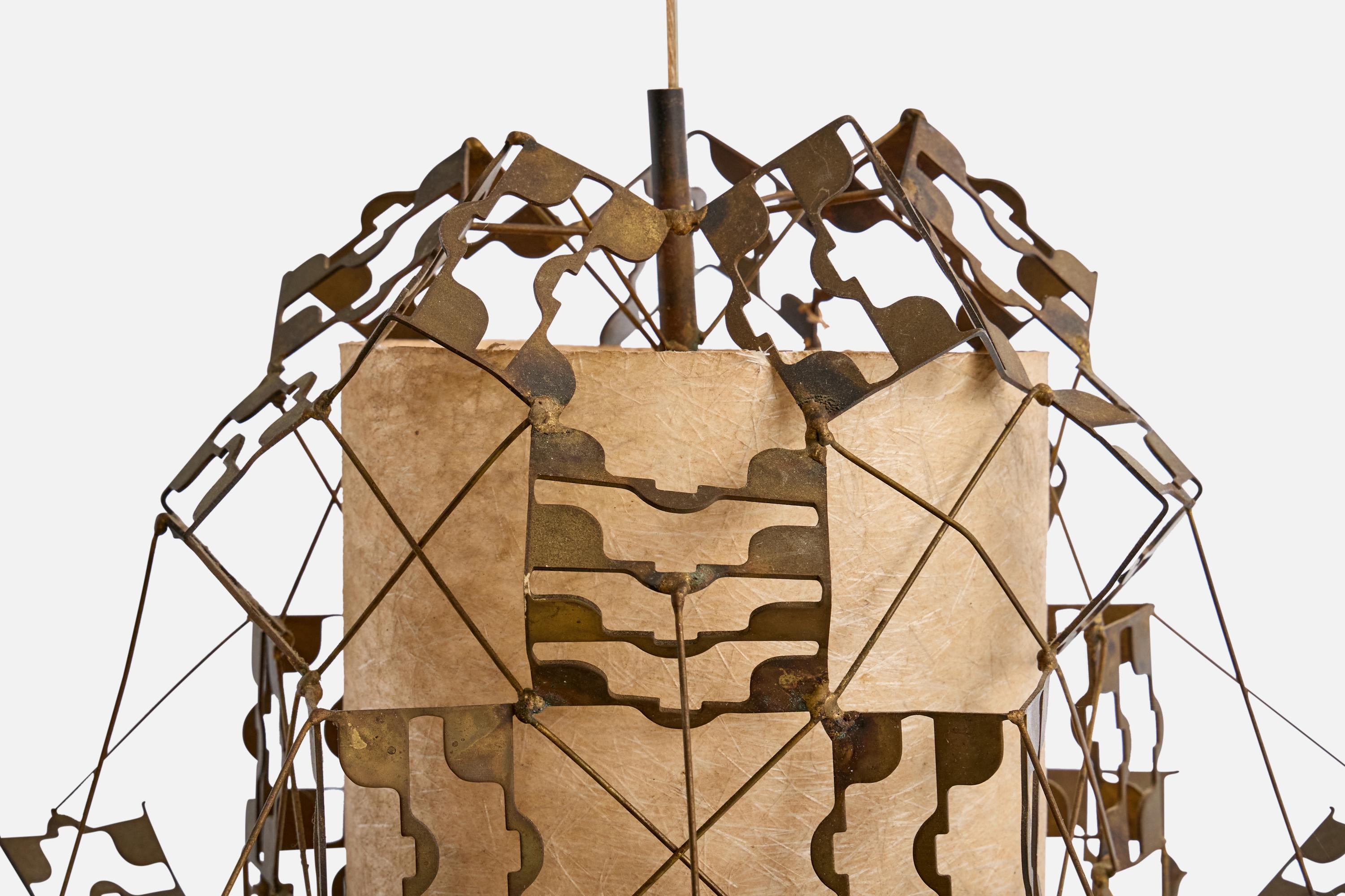 Leo Jensen, lampe à suspension, laiton, papier parchemin, États-Unis, 1958 en vente 1
