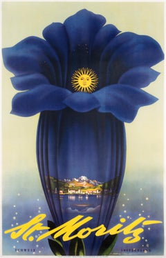 "St. Moritz" Original Vintage 1950s Switzerland Travel Poster - Flower and Sun