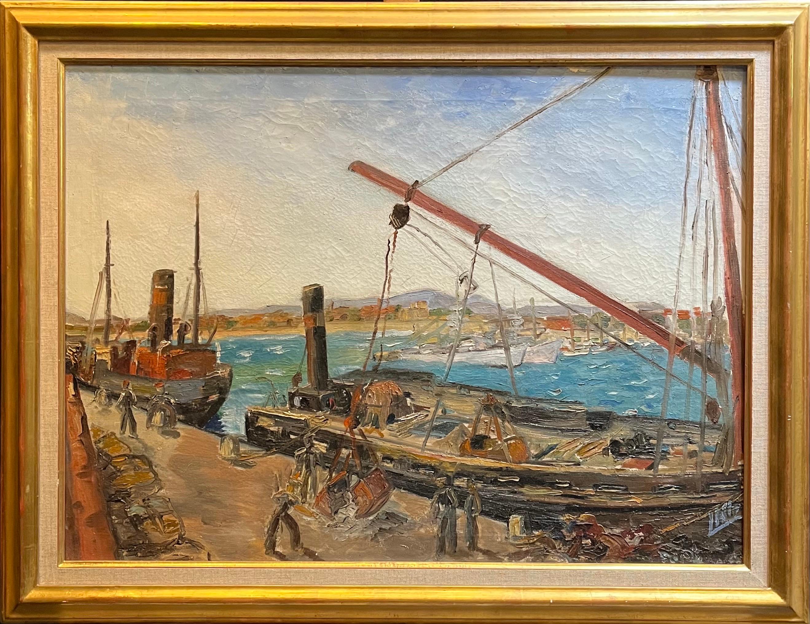 “Workers at the Port” by Leo Klein von Diepold - Oil on Canvas - 57x78 cm - Painting by Leo Klein VON Diepold