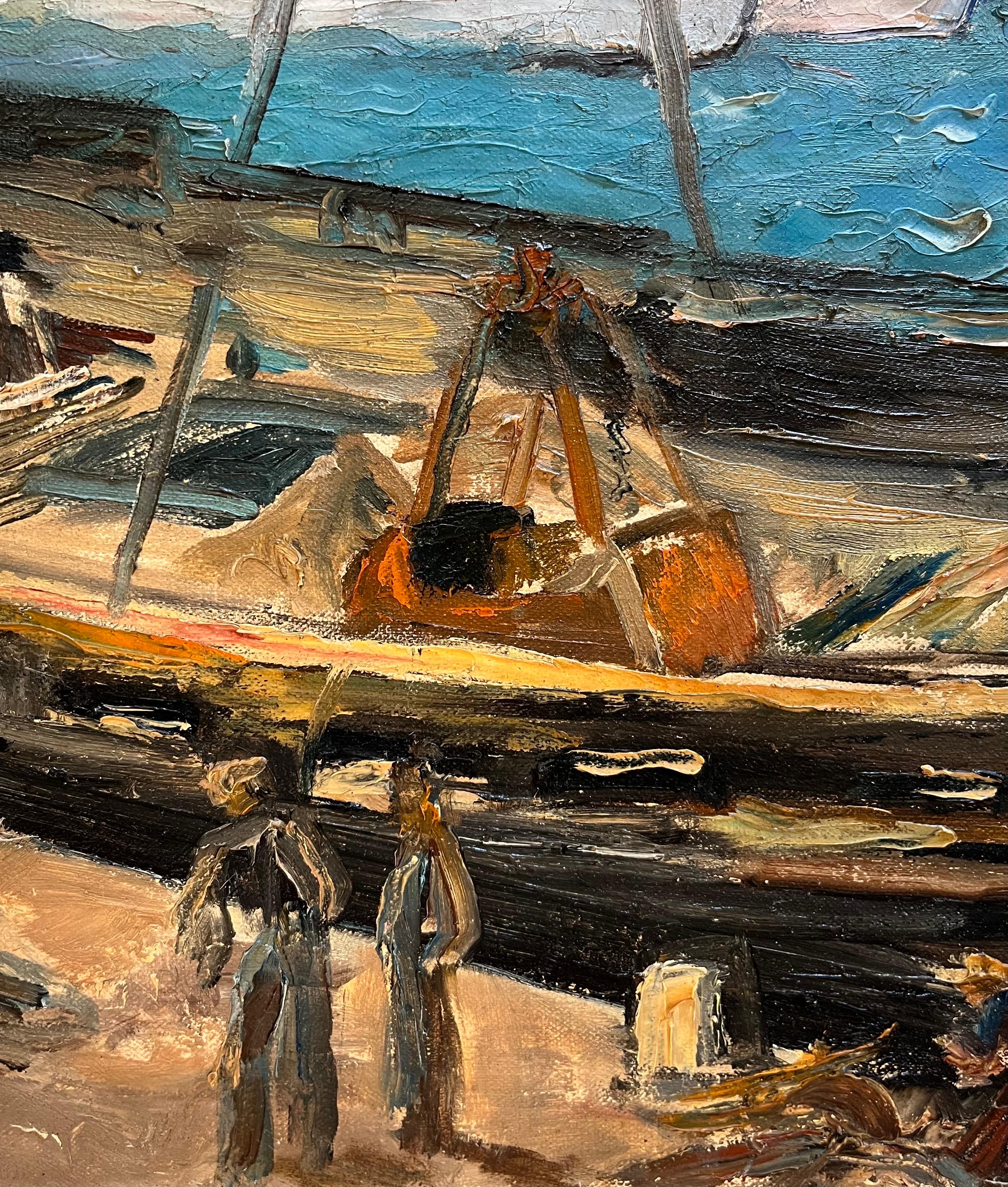 “Workers at the Port” by Leo Klein von Diepold - Oil on Canvas - 57x78 cm - Brown Landscape Painting by Leo Klein VON Diepold