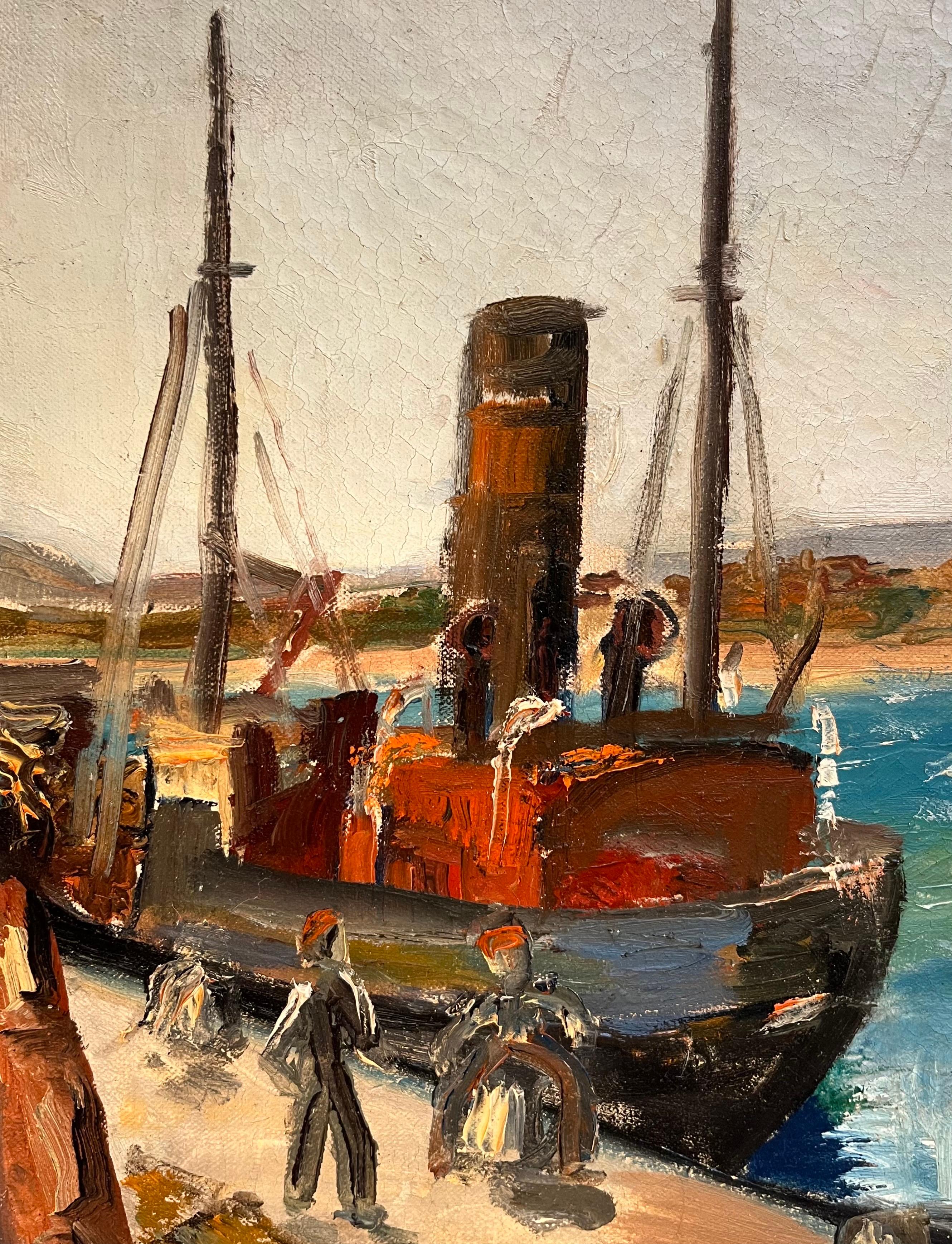 “Workers at the Port” by Leo Klein von Diepold - Oil on Canvas - 57x78 cm For Sale 1