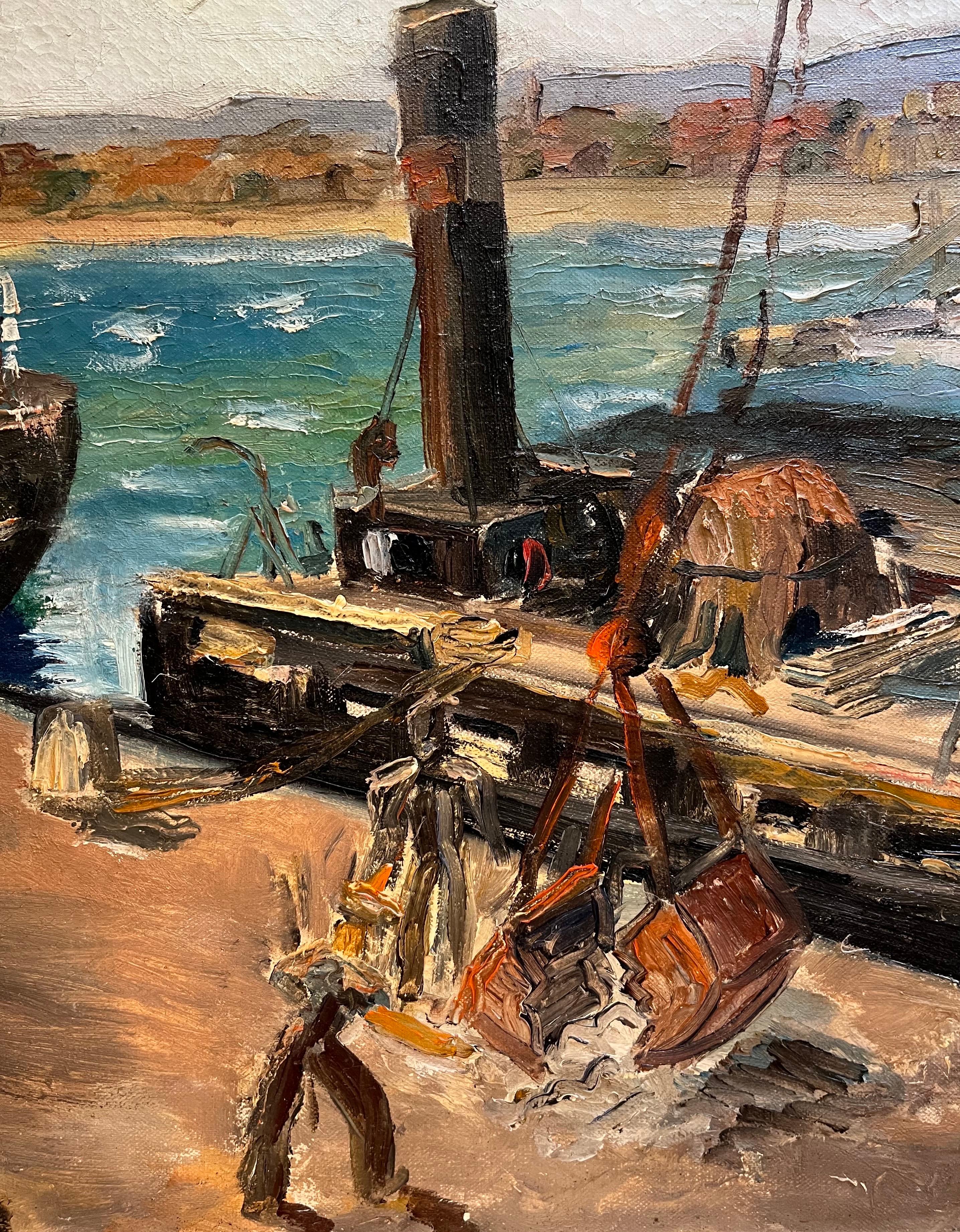 “Workers at the Port” by Leo Klein von Diepold - Oil on Canvas - 57x78 cm For Sale 2