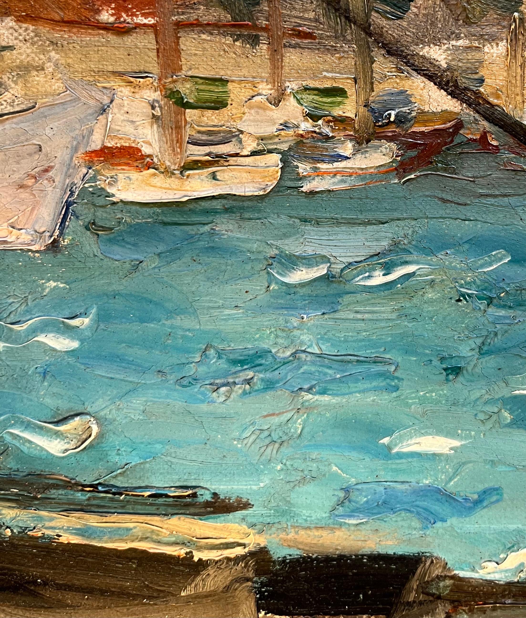 “Workers at the Port” by Leo Klein von Diepold - Oil on Canvas - 57x78 cm For Sale 3