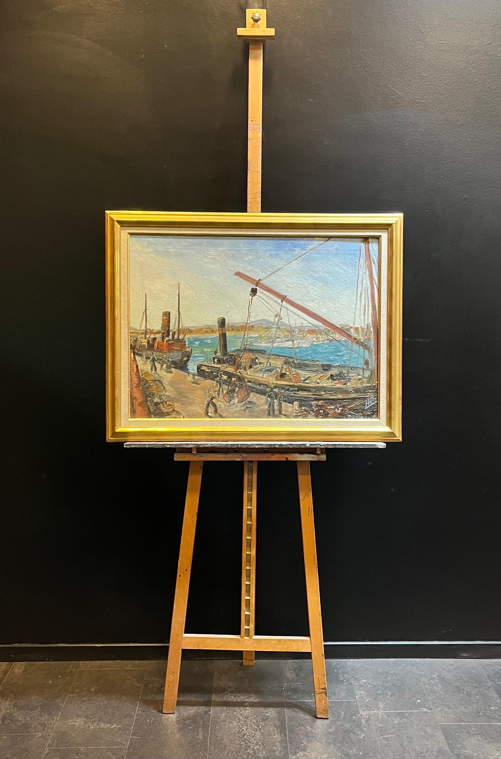 “Workers at the Port” by Leo Klein von Diepold - Oil on Canvas - 57x78 cm For Sale 4