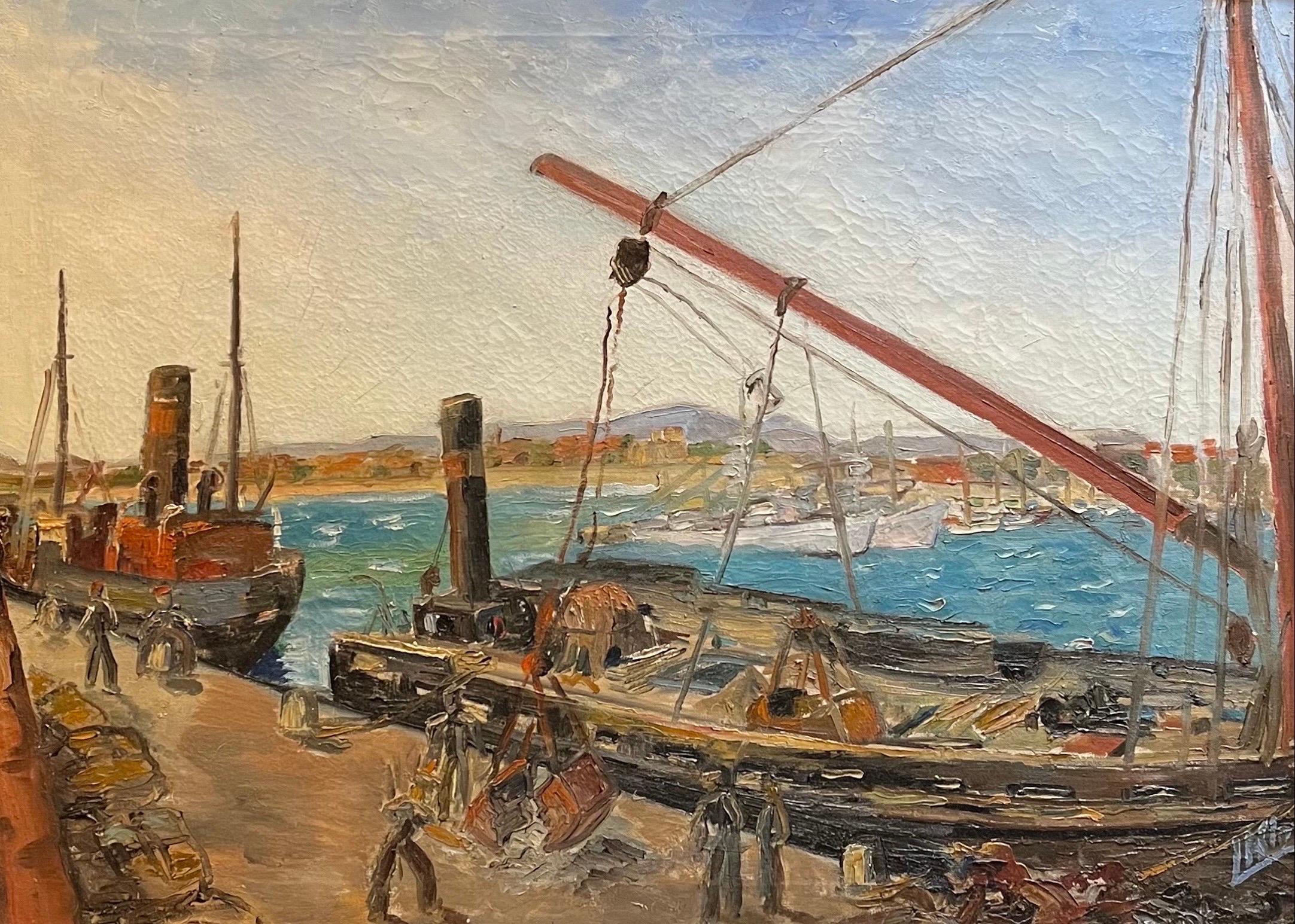 Leo Klein VON Diepold Landscape Painting - “Workers at the Port” by Leo Klein von Diepold - Oil on Canvas - 57x78 cm