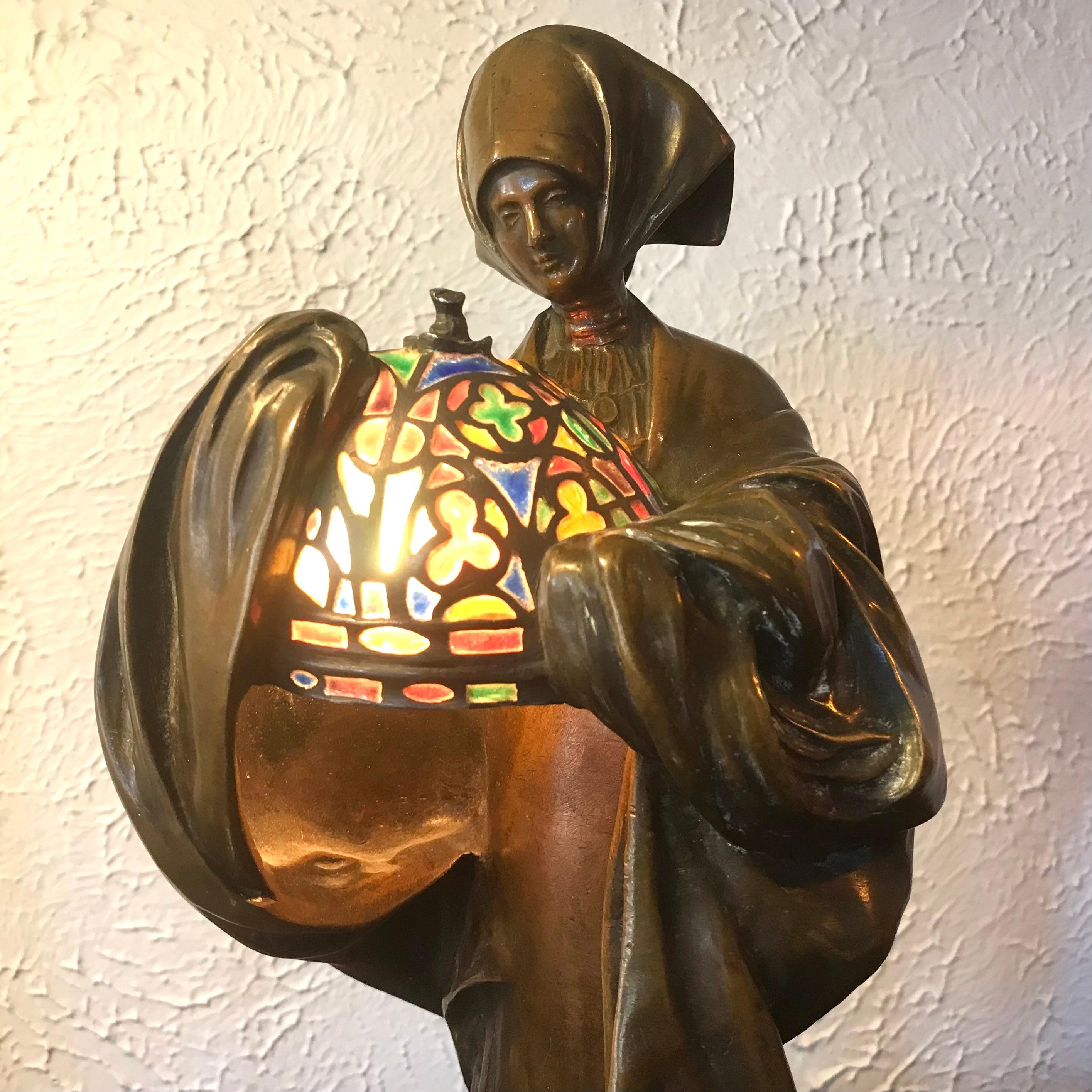 French Leo Laporte Blairsy Art Nouveau Bronze Table Lamp For Sale