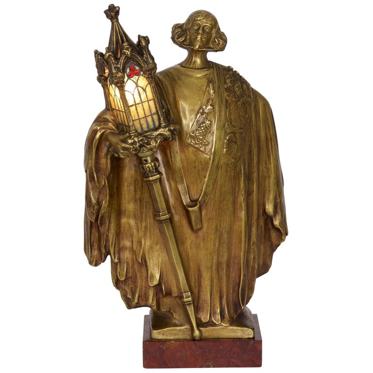 Léo Laporte Blairsy French Art Nouveau, Antique Bronze Statue Table Lamps