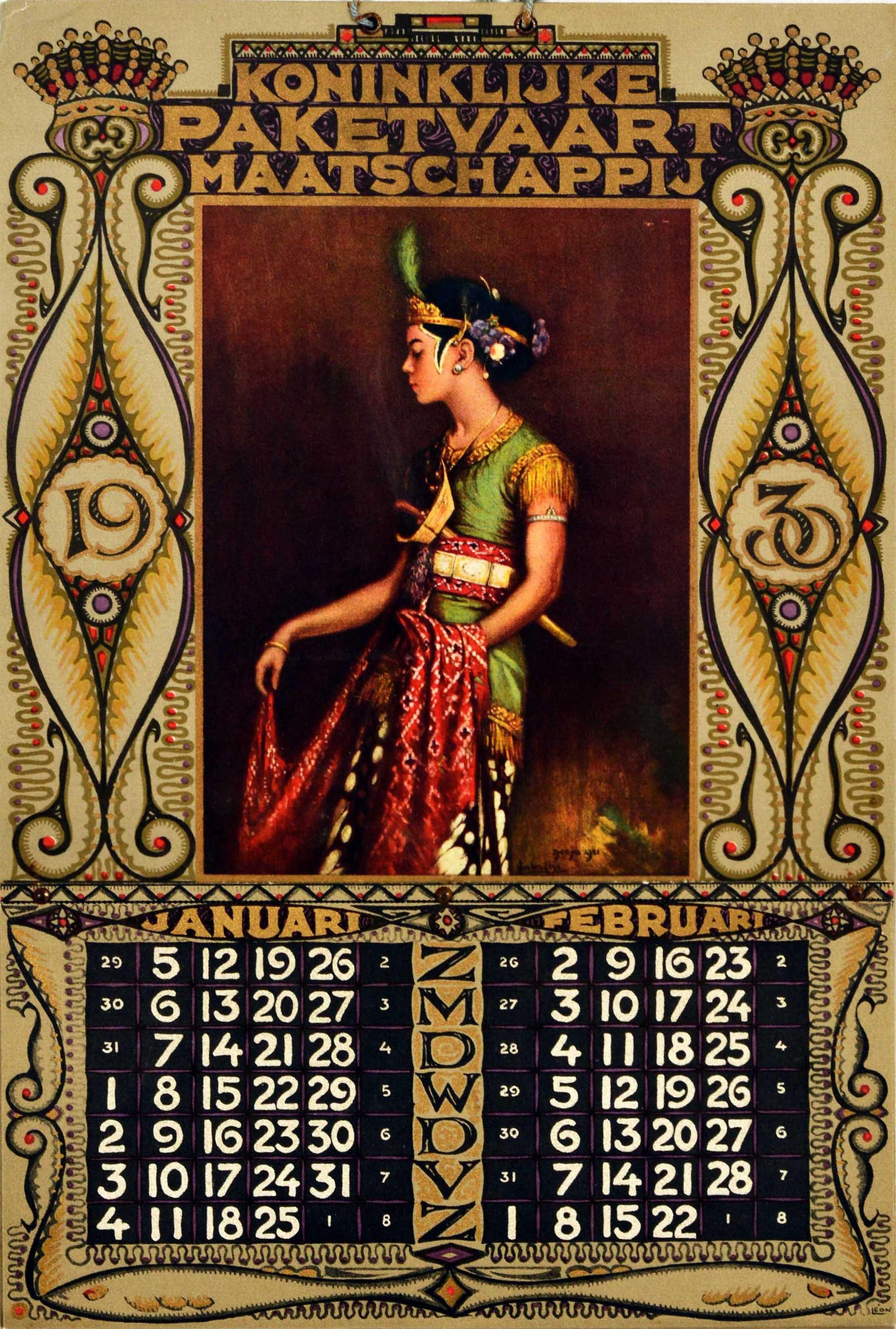 Leo Leon Johan Gabrielse Print – Original-Vintage-Werbeplakat Royal Packet Shipping Company, Kalender Bali