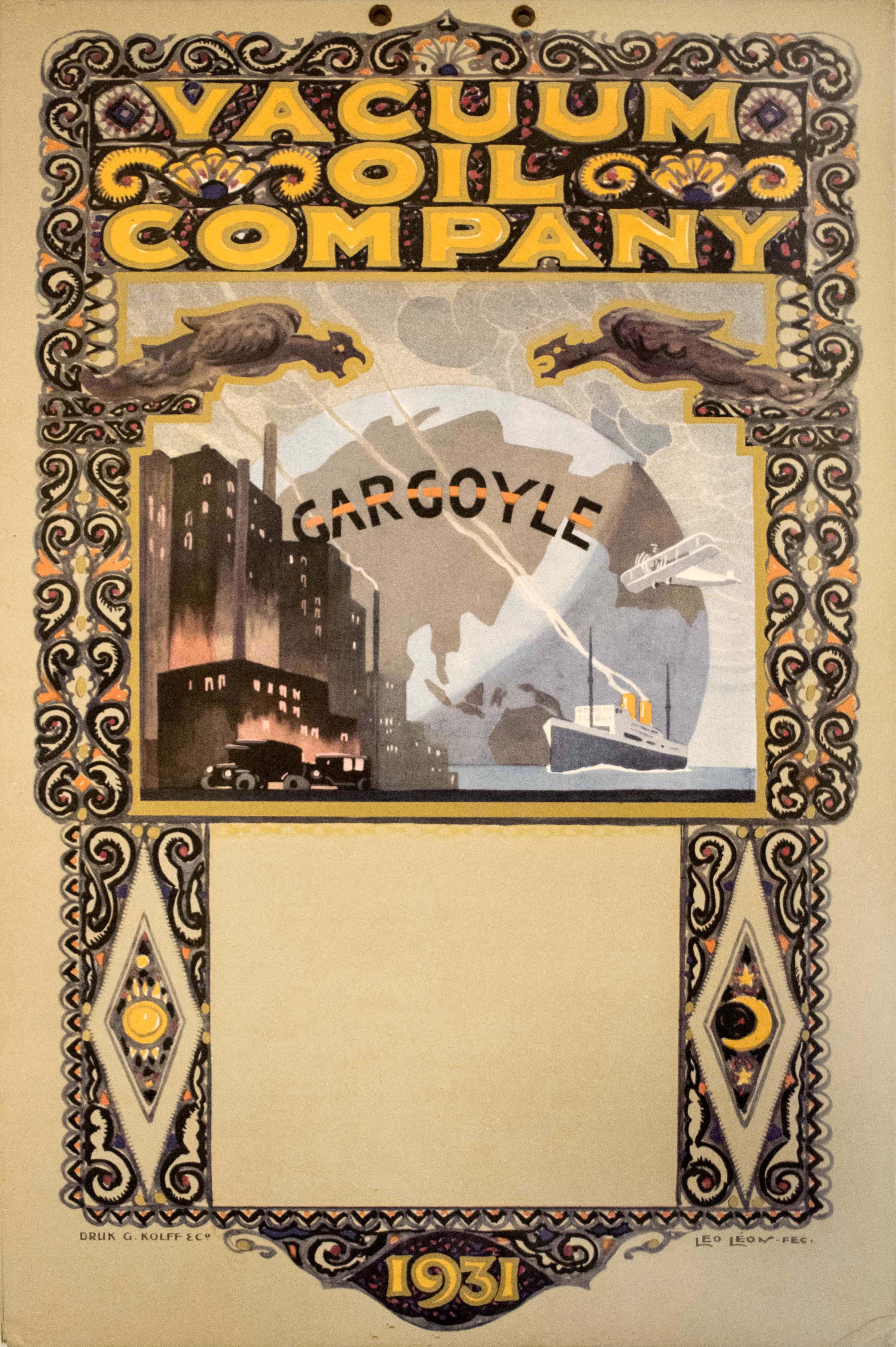 Leo Leon Print – Original-Vintage-Poster, Vacuum Oil Company, Gargoyle 1931, klassischer Auto, Schiff