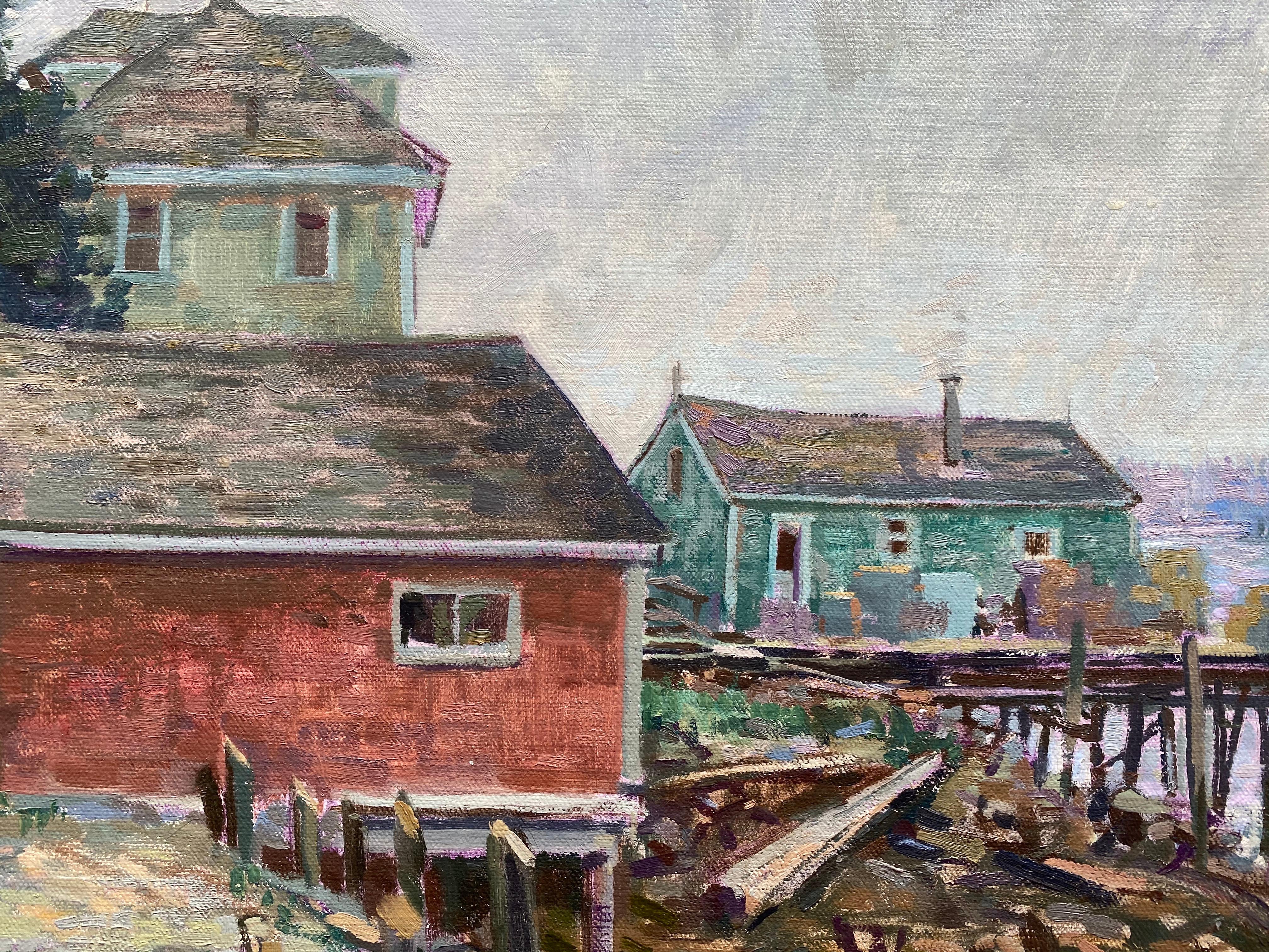 Andy's Wharf, Stonington - American Impressionist Painting by Leo Mancini-Hresko