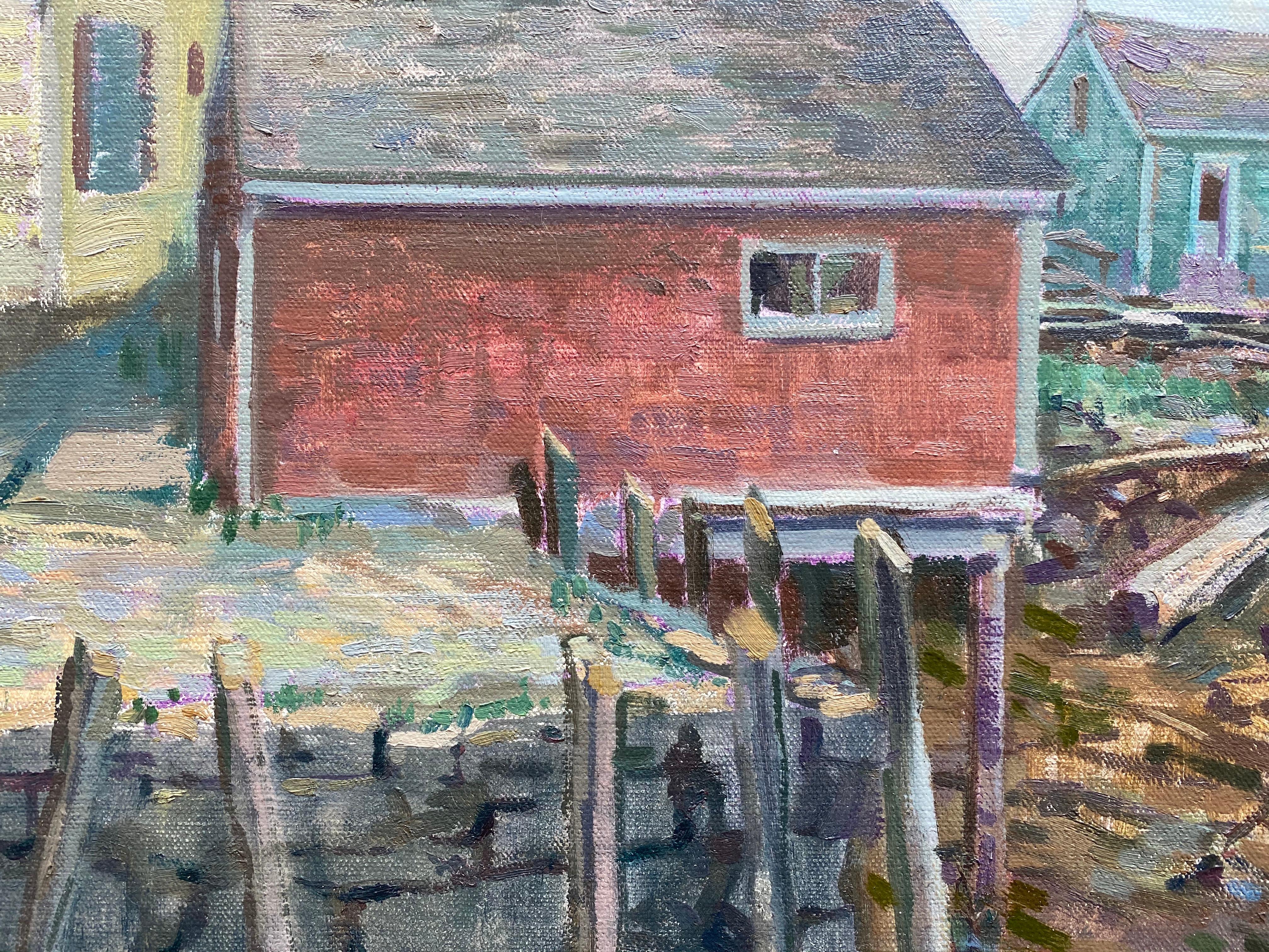 Painted en plein air, in the style of contemporary impressionism. Pastel colors make up a few structures along the shoreline of a harbor. Sticks and blocks stack-up to prop-up and protect the structures from the water. An old dock jutts out, into