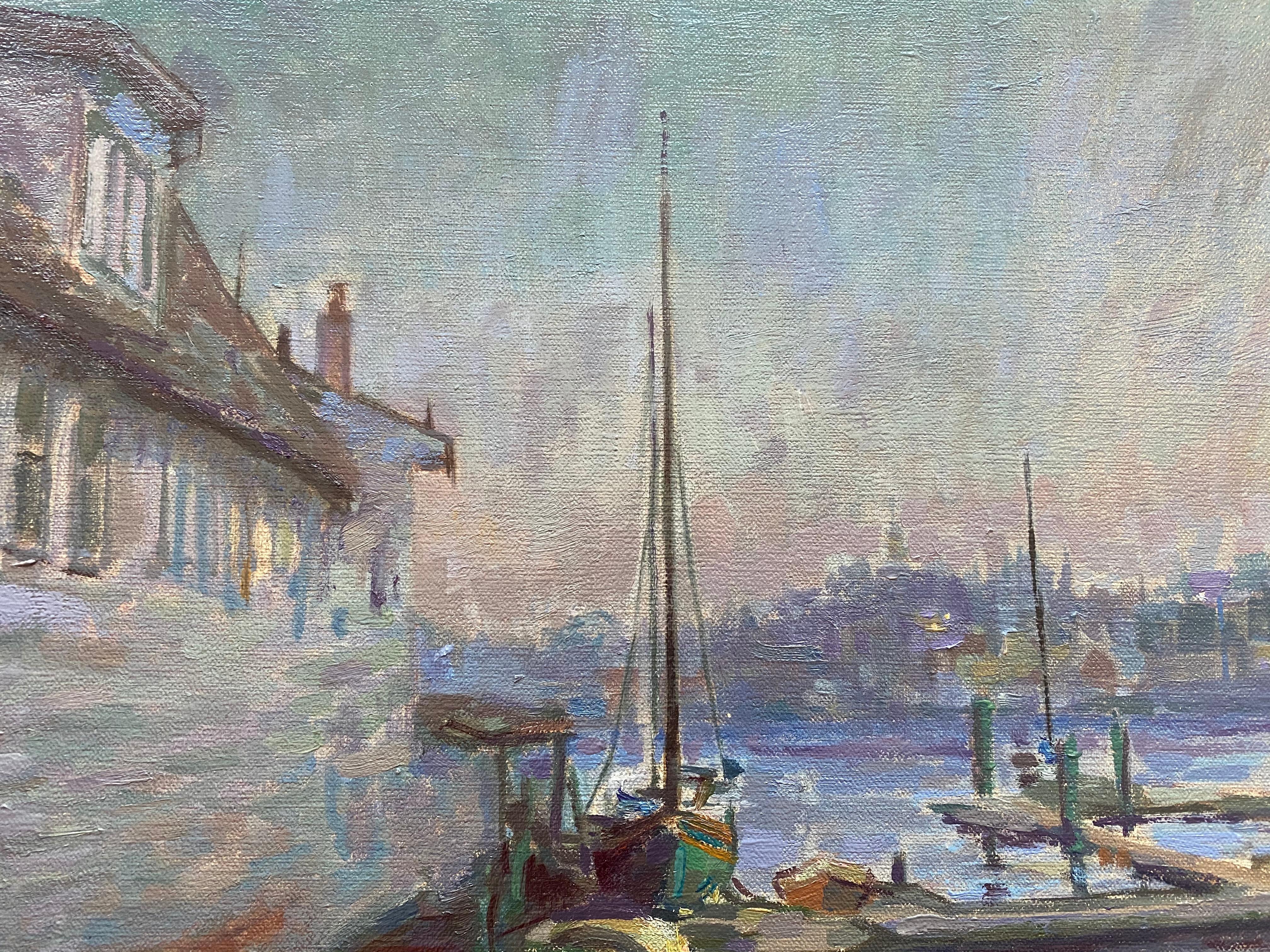 Gloucester Twilight  - Gray Landscape Painting by Leo Mancini-Hresko