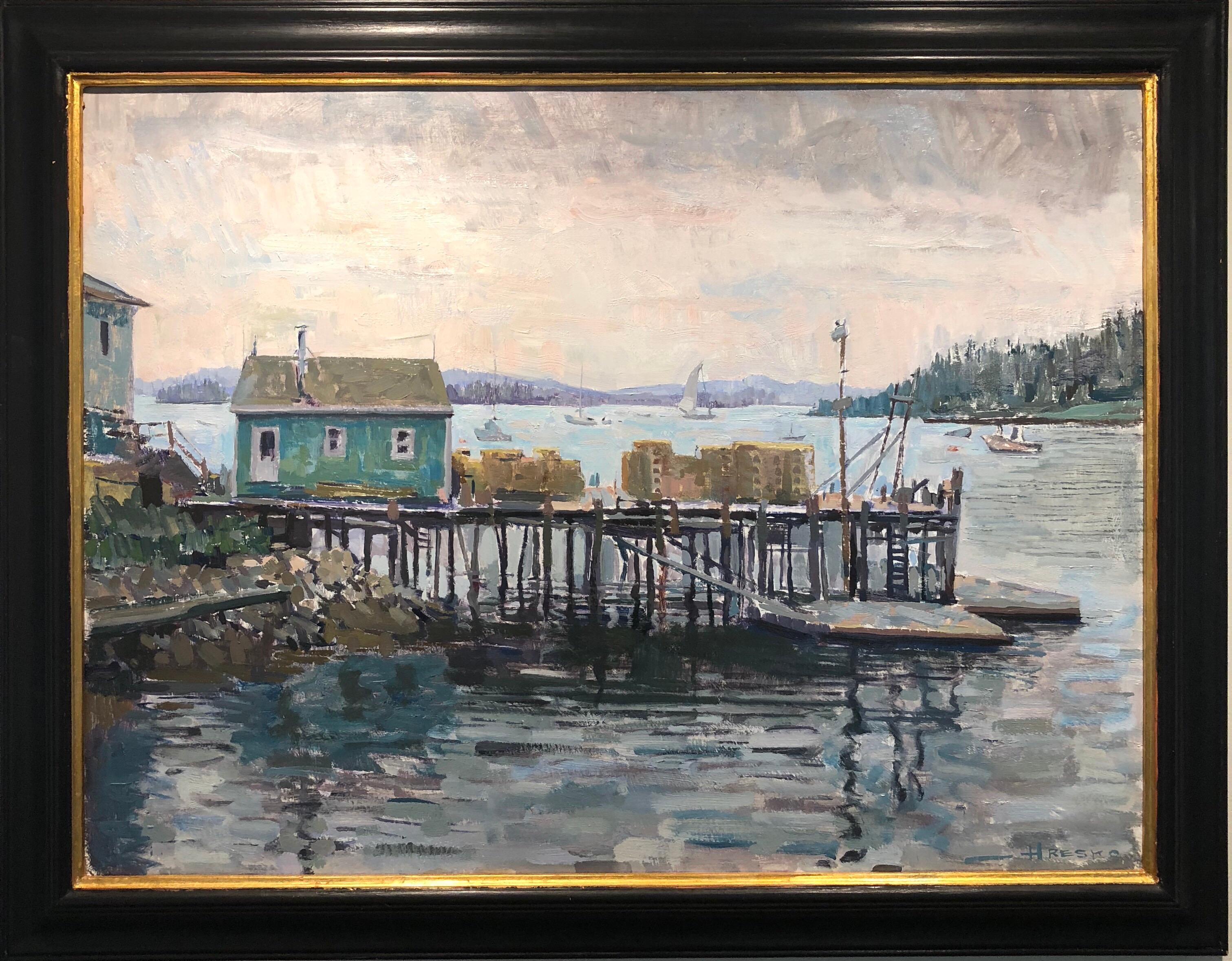 Leo Mancini-Hresko Landscape Painting – Lobster Dock, Stonington