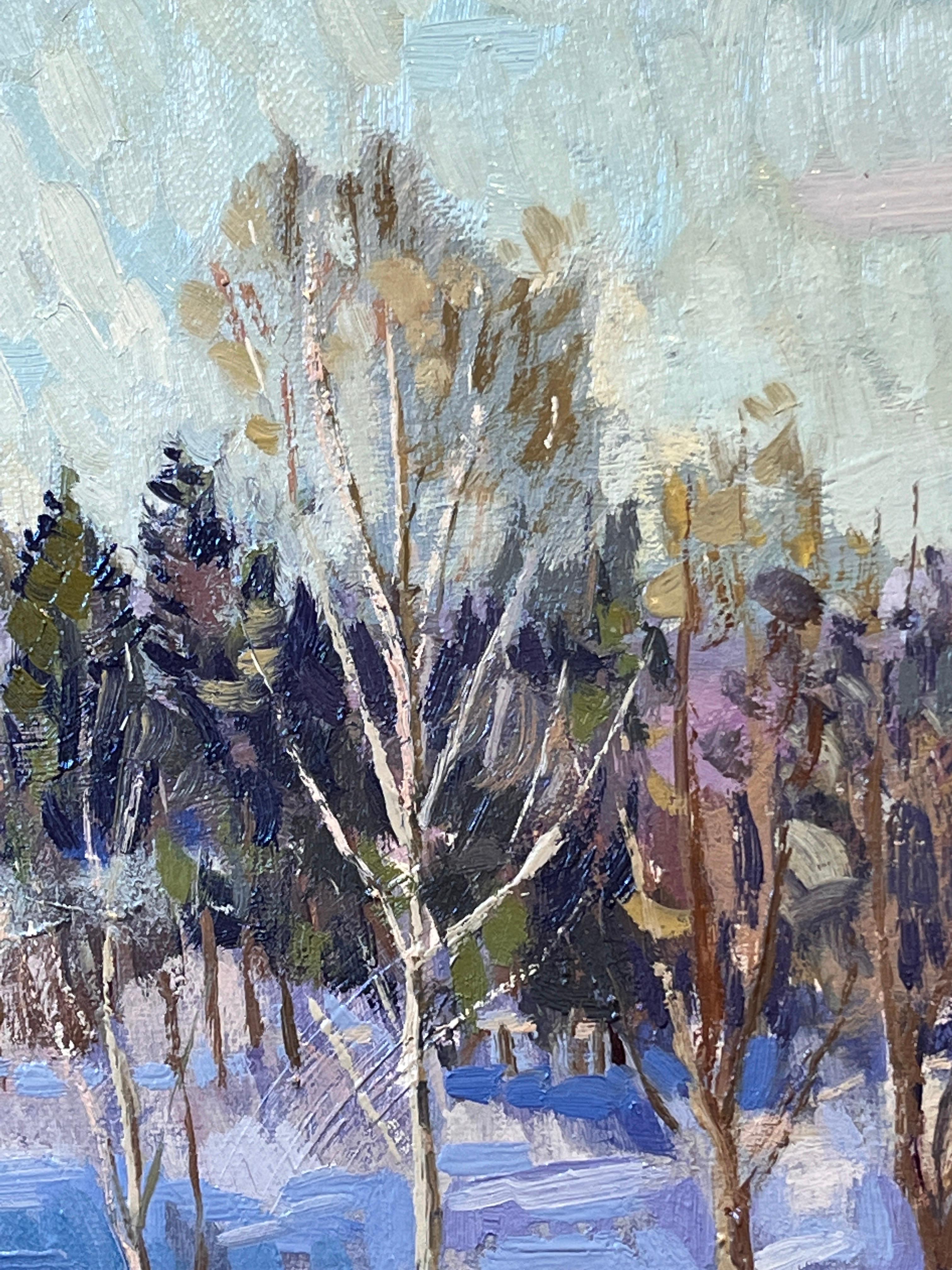 Winter Rhythms is an original oil painting by American Artist Leo Mancini-Hresko. Hresko paints en plein air all over the world. This piece was done in his native New England and shows the bright light and color observed on a winter's day. Framed in