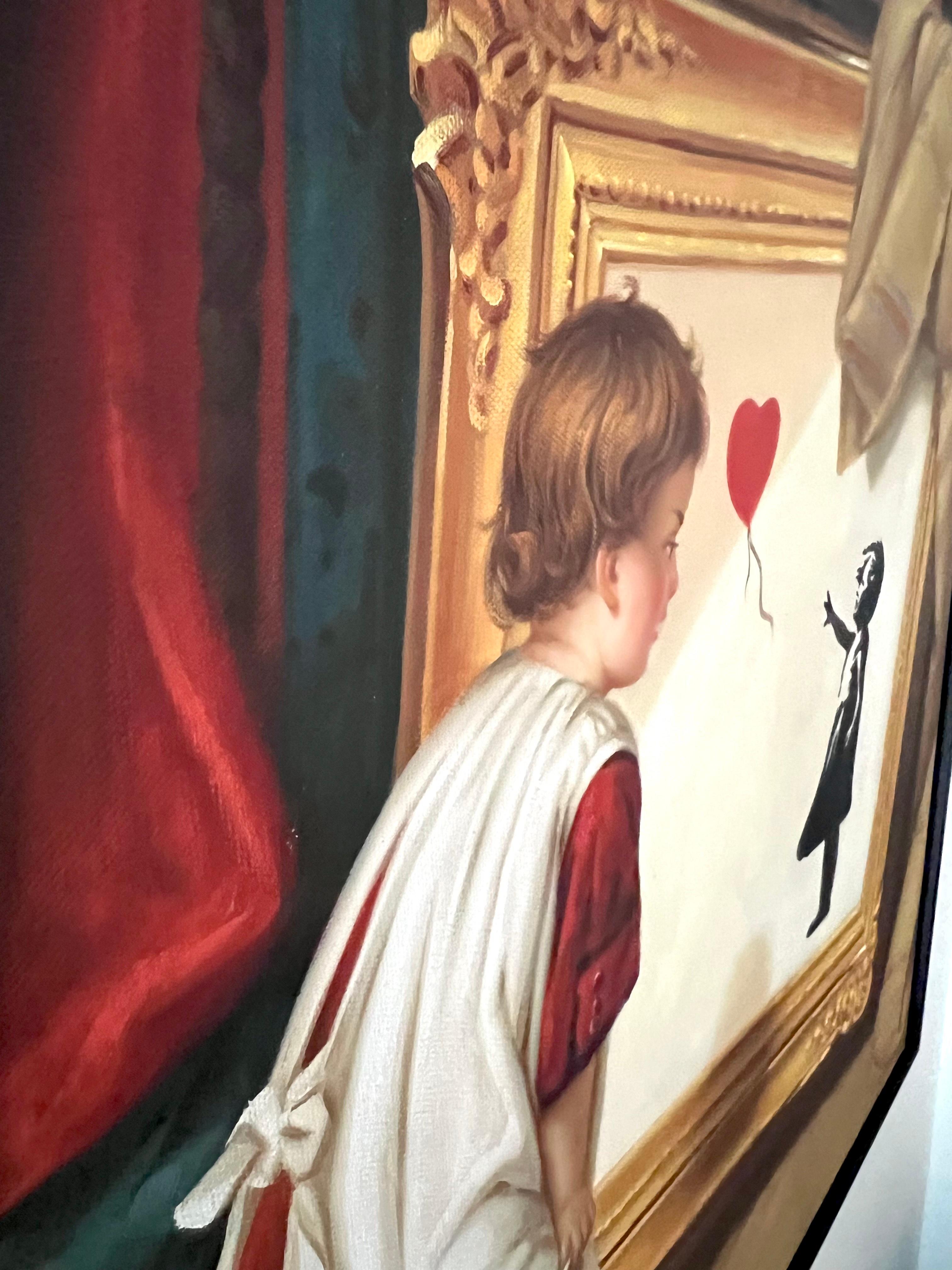 Street art contemporanea pop art Banksy Koons dipinto a mano interno rosso e oro - Figurative Painting Beige di Leo Manelli