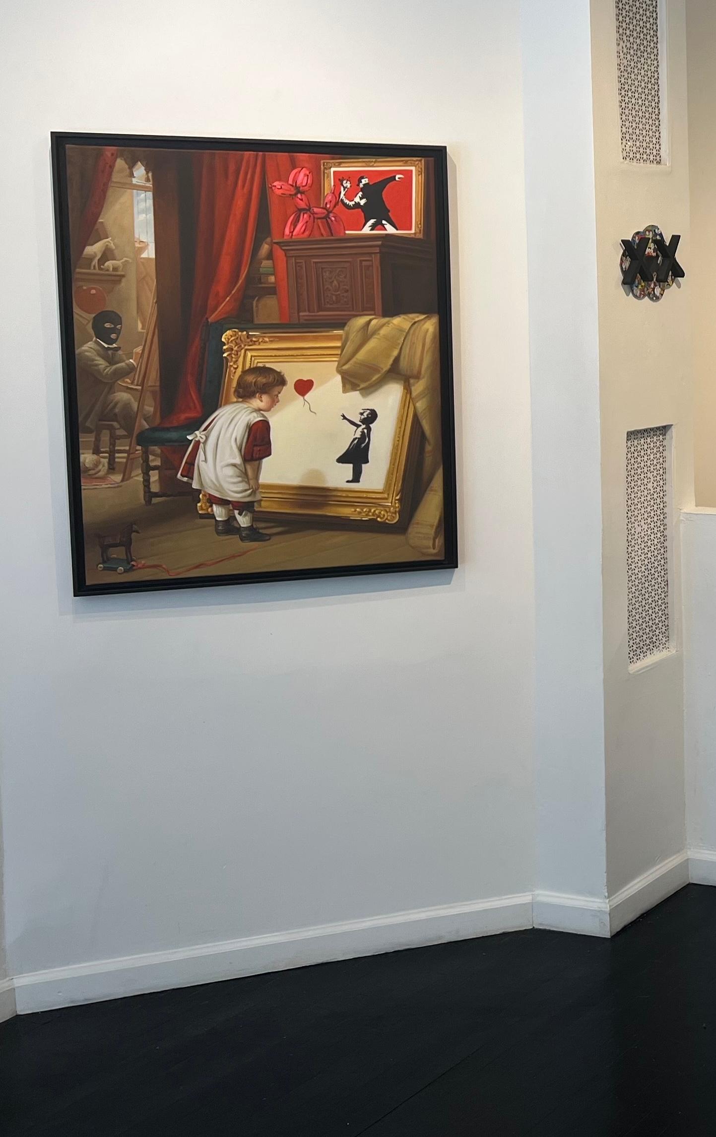 Street art contemporanea pop art Banksy Koons dipinto a mano interno rosso e oro in vendita 1