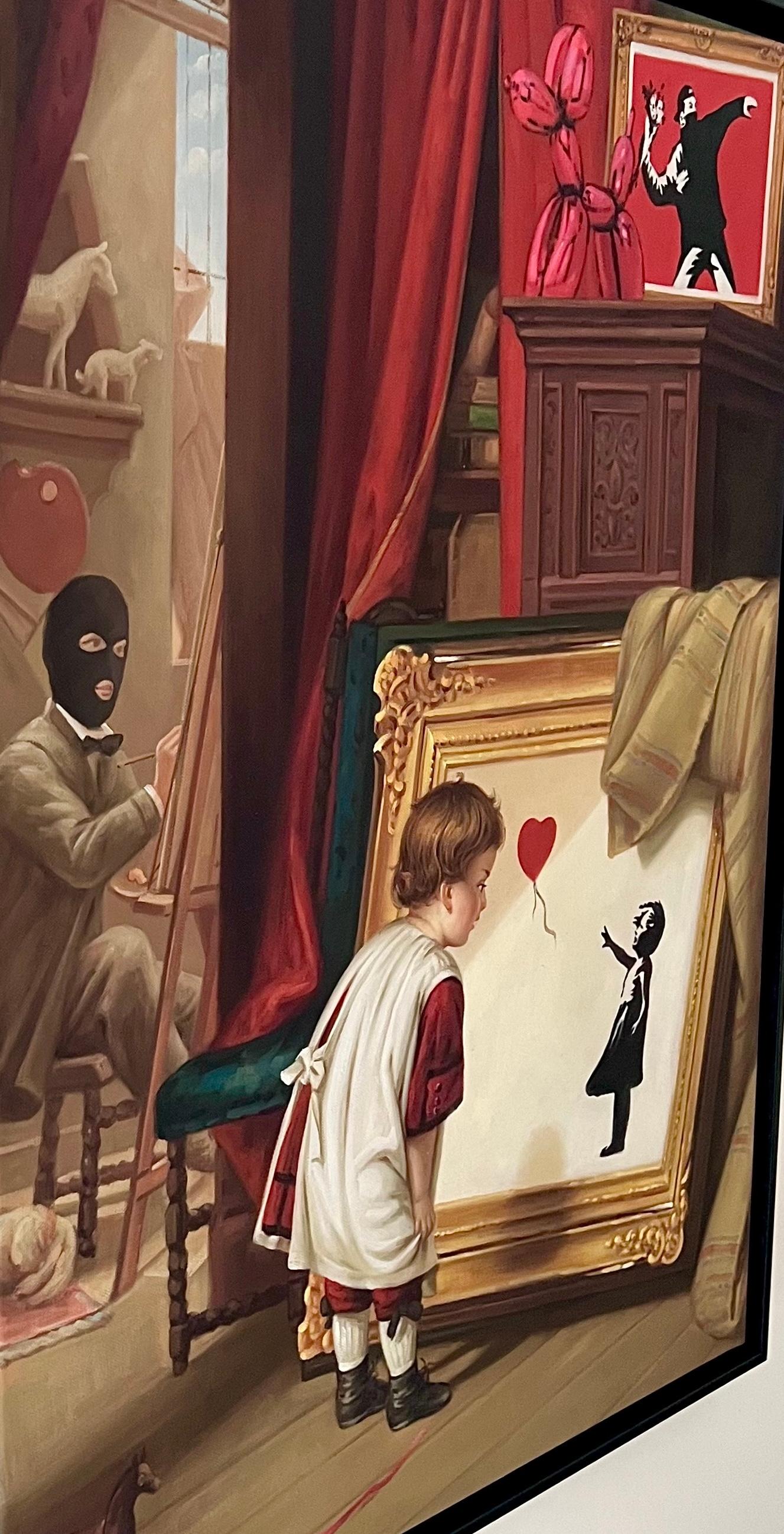 Street art contemporanea pop art Banksy Koons dipinto a mano interno rosso e oro in vendita 2