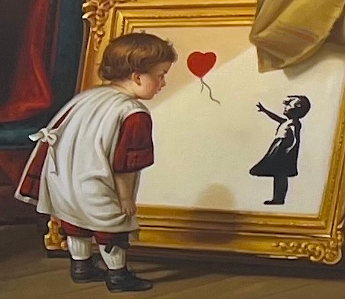 Street art contemporanea pop art Banksy Koons dipinto a mano interno rosso e oro in vendita 3