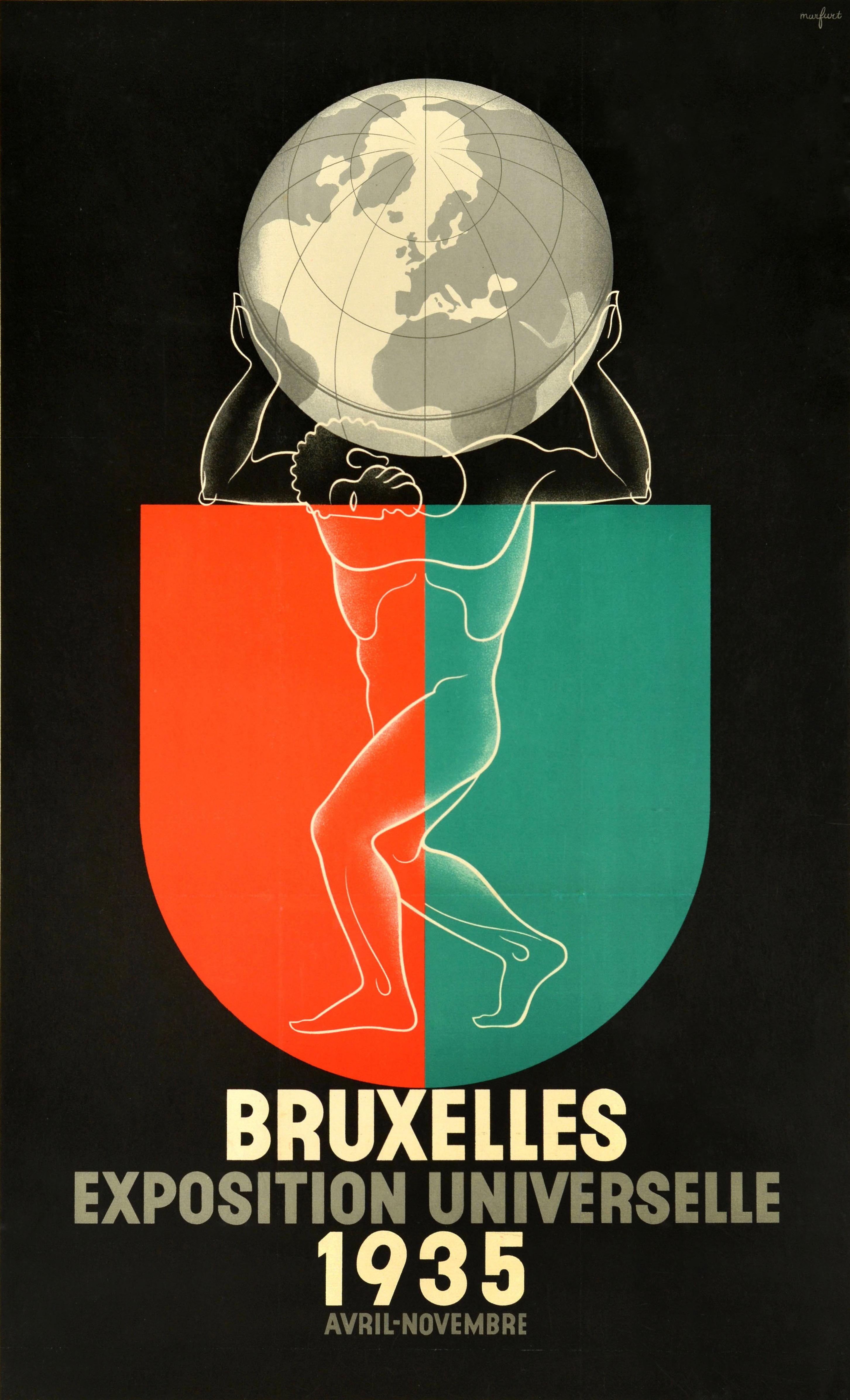 Original-Vintage-Werbeplakat Brüsseler Exposition Universelle Art Deco, Vintage – Print von Leo Marfurt