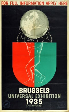Original Vintage Poster Brussels Universal Exhibition World's Fair Atlas Design