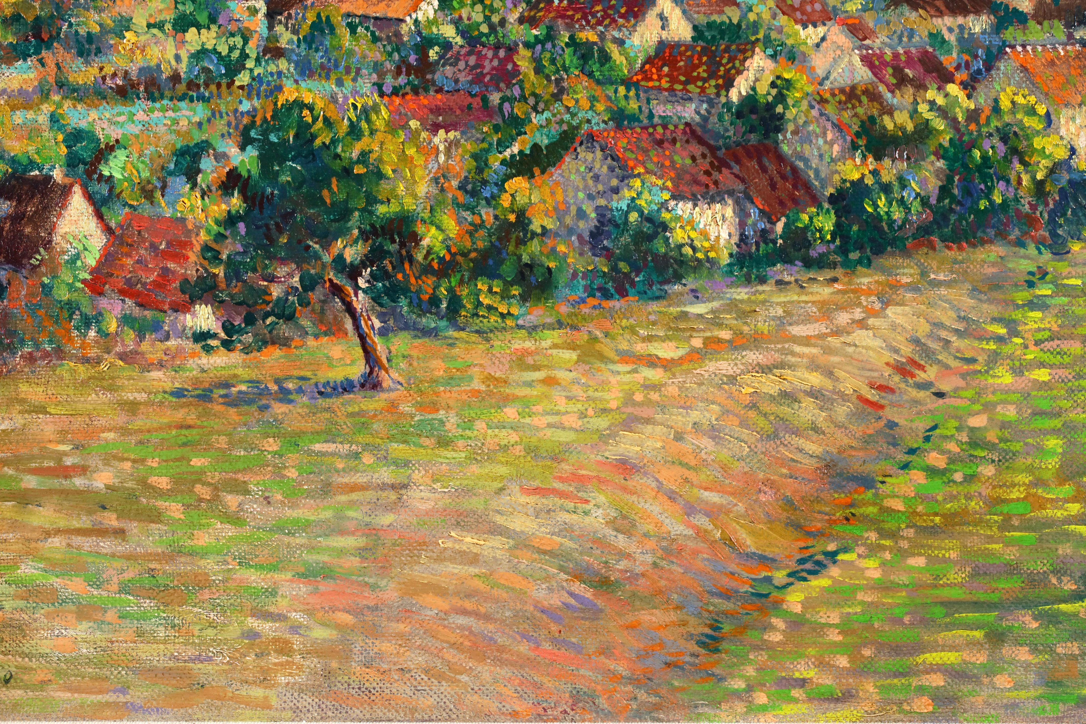 Dans les champs - Neoimpressionistische Flusslandschaft Öl von Leo Marie Gausson (Beige), Figurative Painting, von Léo Marie Gausson