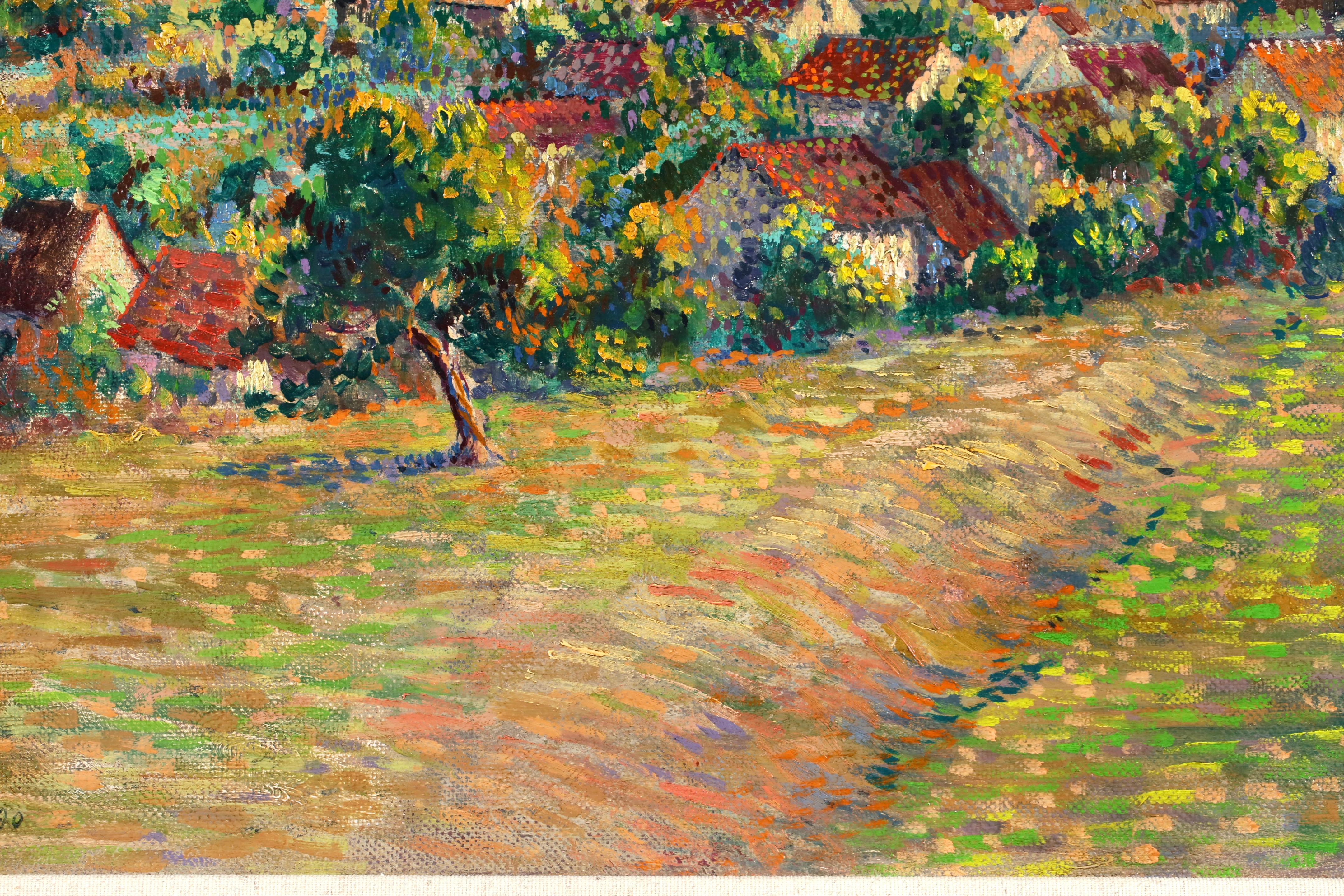 Signiert und datiert neo-impressionistische Landschaft Öl auf Leinwand von Französisch Maler Leo Marie Gausson. Gausson malte diese malerische Ansicht der Felder oberhalb von Triel-sur-Seine, einer kleinen Stadt in der Île-de-France, im Jahr 1890 -