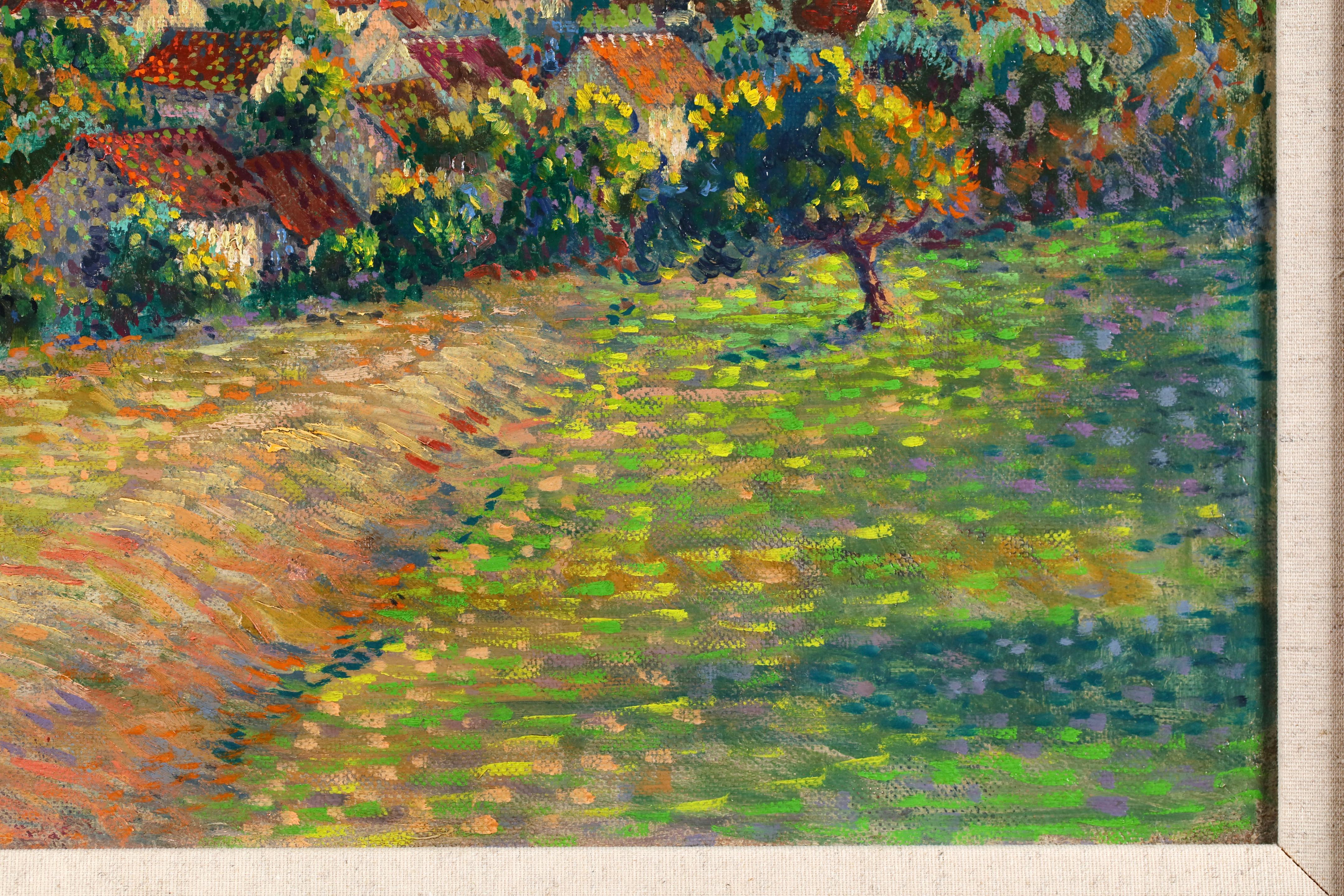 Dans les champs - Neoimpressionistische Flusslandschaft Öl von Leo Marie Gausson im Angebot 1