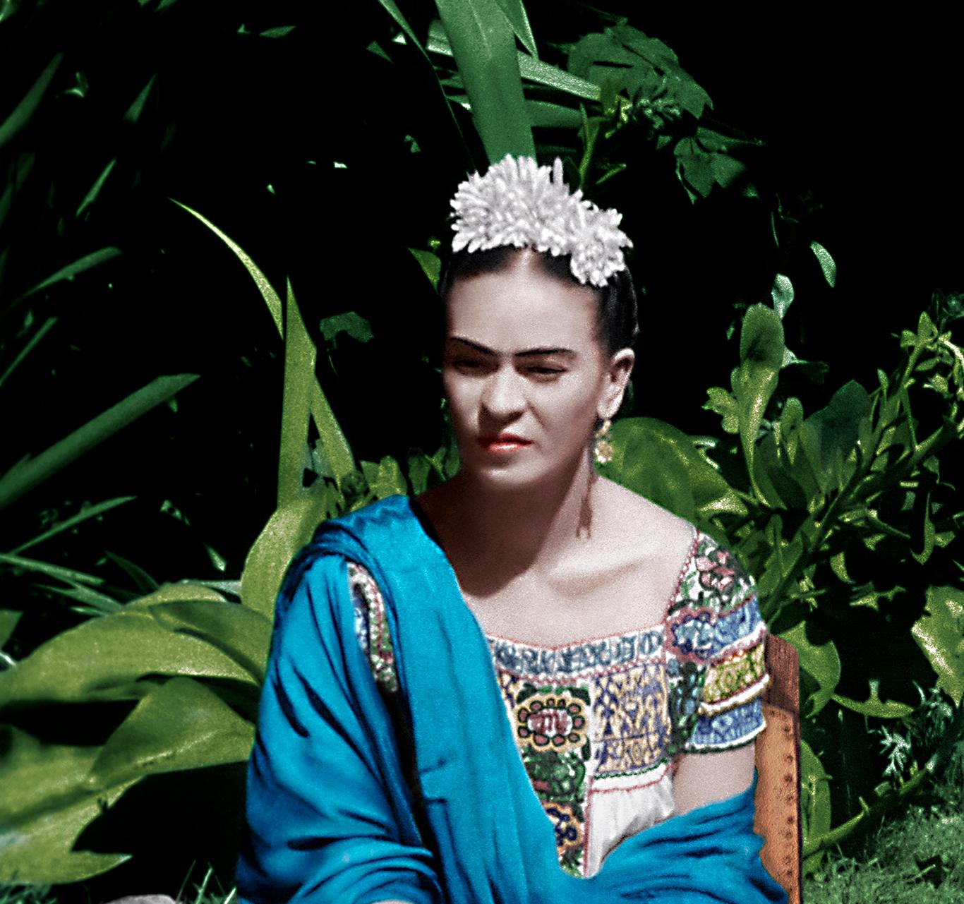 Frida Kahlo in the Blue House, Coyoacán, Mexico. 1943. Color Portrait - Photograph by Leo Matiz