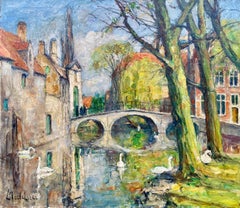Antique 'Swans of Bruges – Beguinage Bridge' Leo Mechelaere, Bruges 1880 – 1964 Erlangen