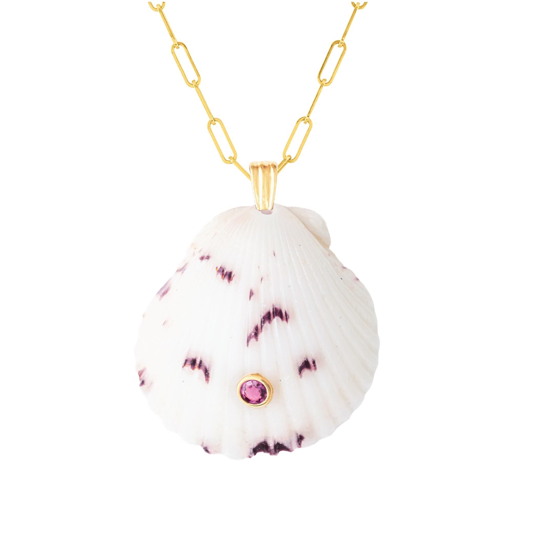 Modern Leo Natural Shell Pendant with 14k Gold and Natural Red Garnet Gemstone For Sale
