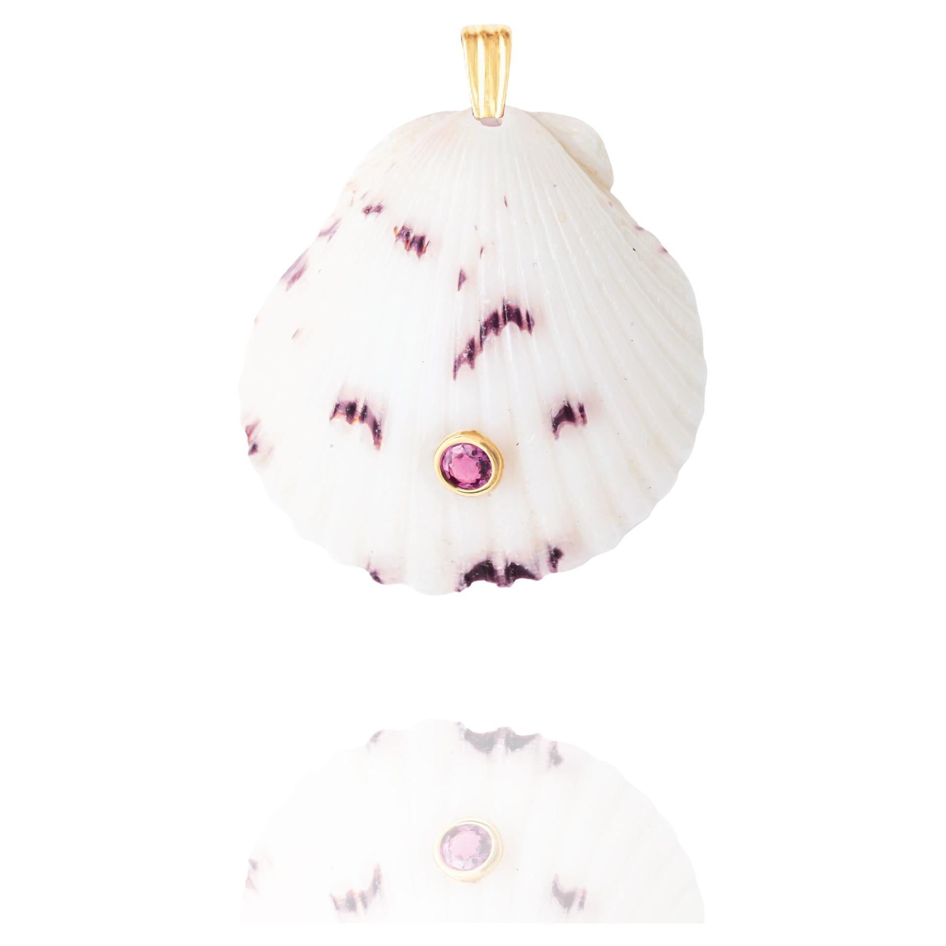 Leo Natural Shell Pendant with 14k Gold and Natural Red Garnet Gemstone