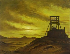 Sunset over Desert Abandoned Gold Mineshaft Western Landscape
