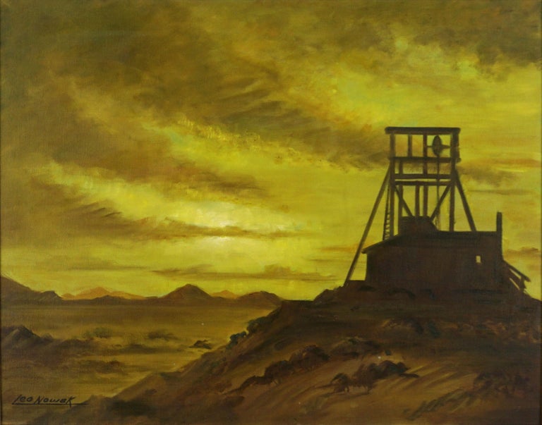Sunset over Desert Abandoned Gold Mineshaft Western Landscape - Painting by Leo Nowak