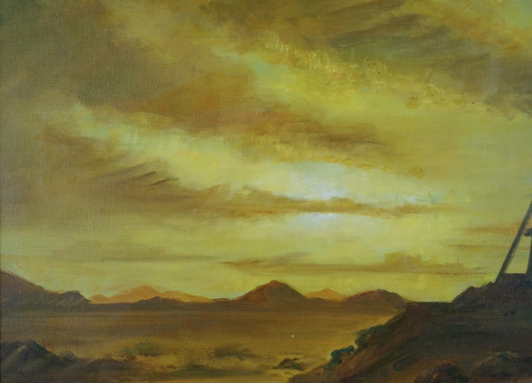 Sunset over Desert Abandoned Gold Mineshaft Western Landscape - American Impressionist Painting by Leo Nowak