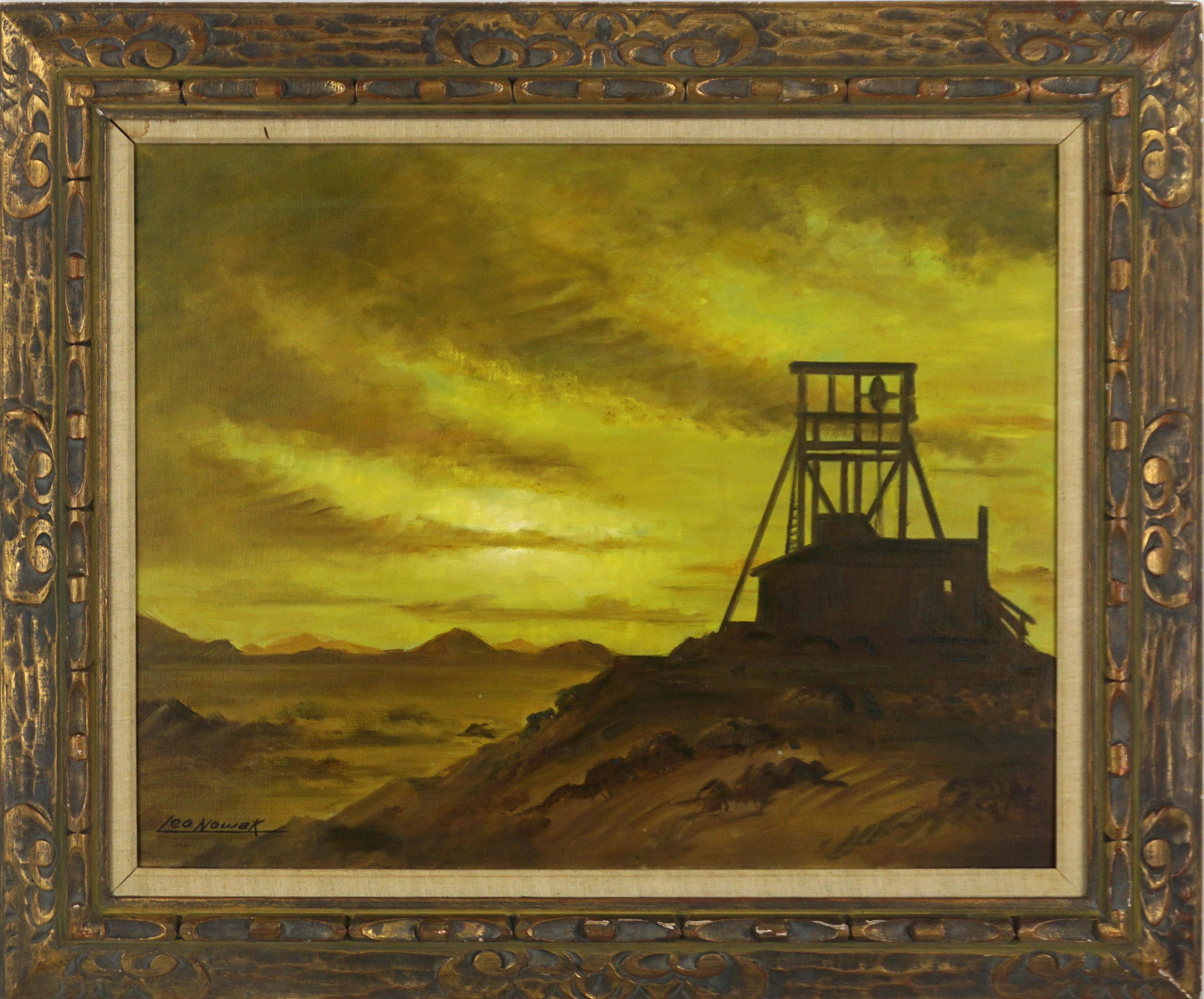 Sunset over Desert Abandoned Gold Mineshaft Western Landscape