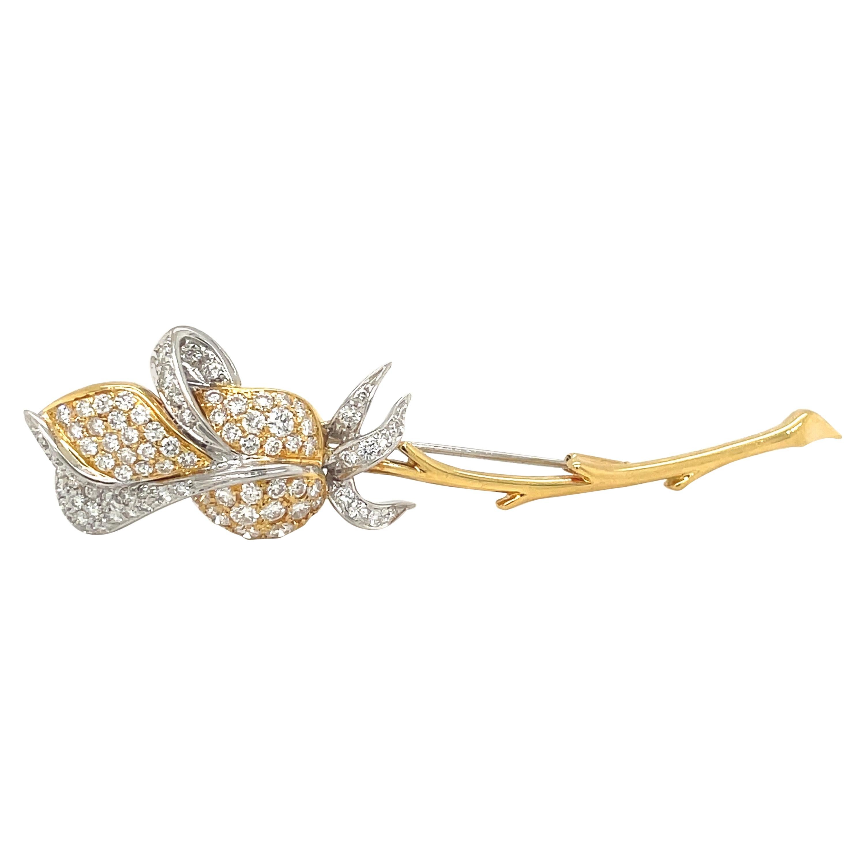 Leo Pizzo 18 Karat Yellow and White Gold Diamond 2.40 Carat Rose Brooch For Sale