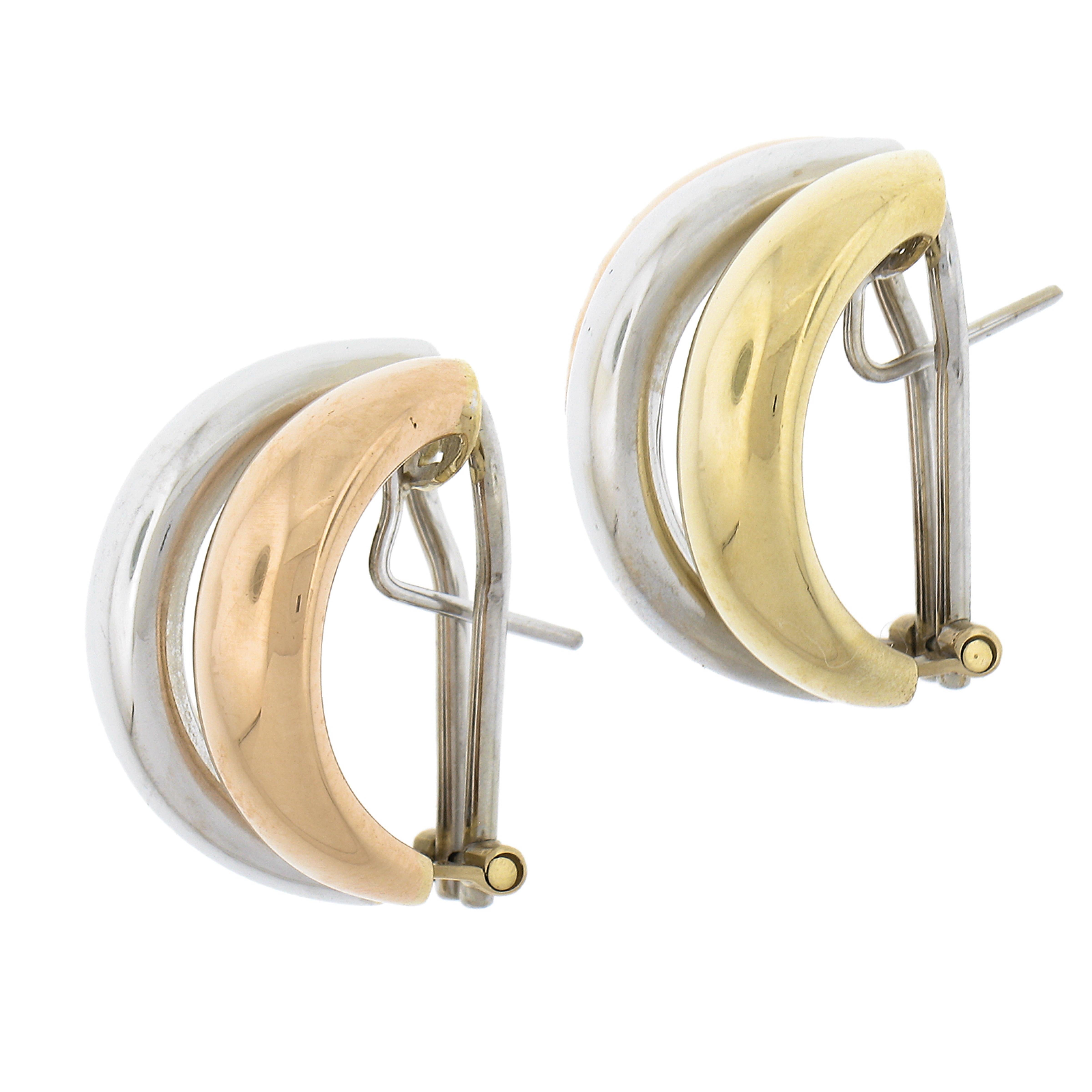 Leo Pizzo 18k Tri Gold Large Wide 22.6mm Polished 3 Hoop Omega Cuff Earrings In Excellent Condition For Sale In Montclair, NJ