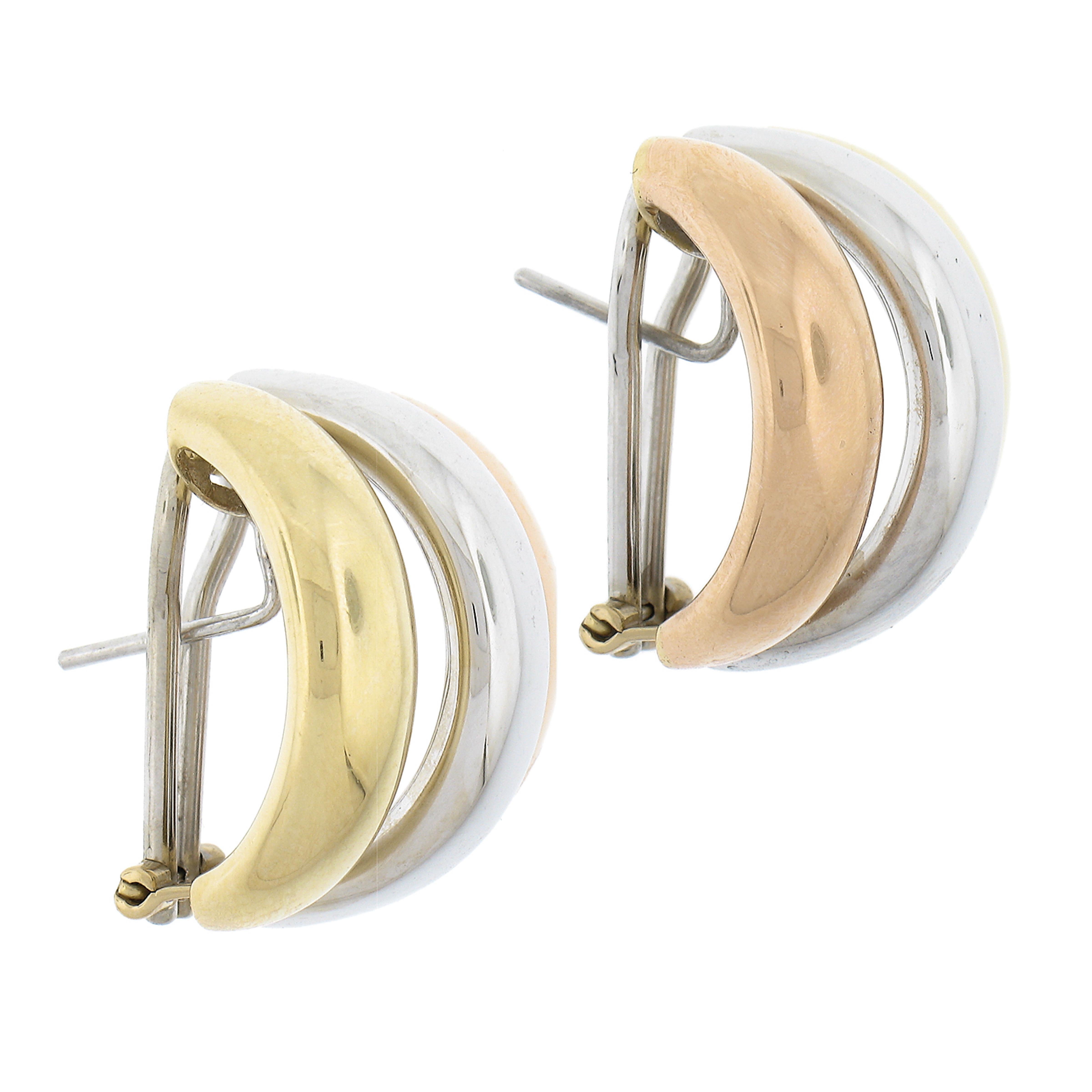 Women's or Men's Leo Pizzo 18k Tri Gold Large Wide 22.6mm Polished 3 Hoop Omega Cuff Earrings For Sale