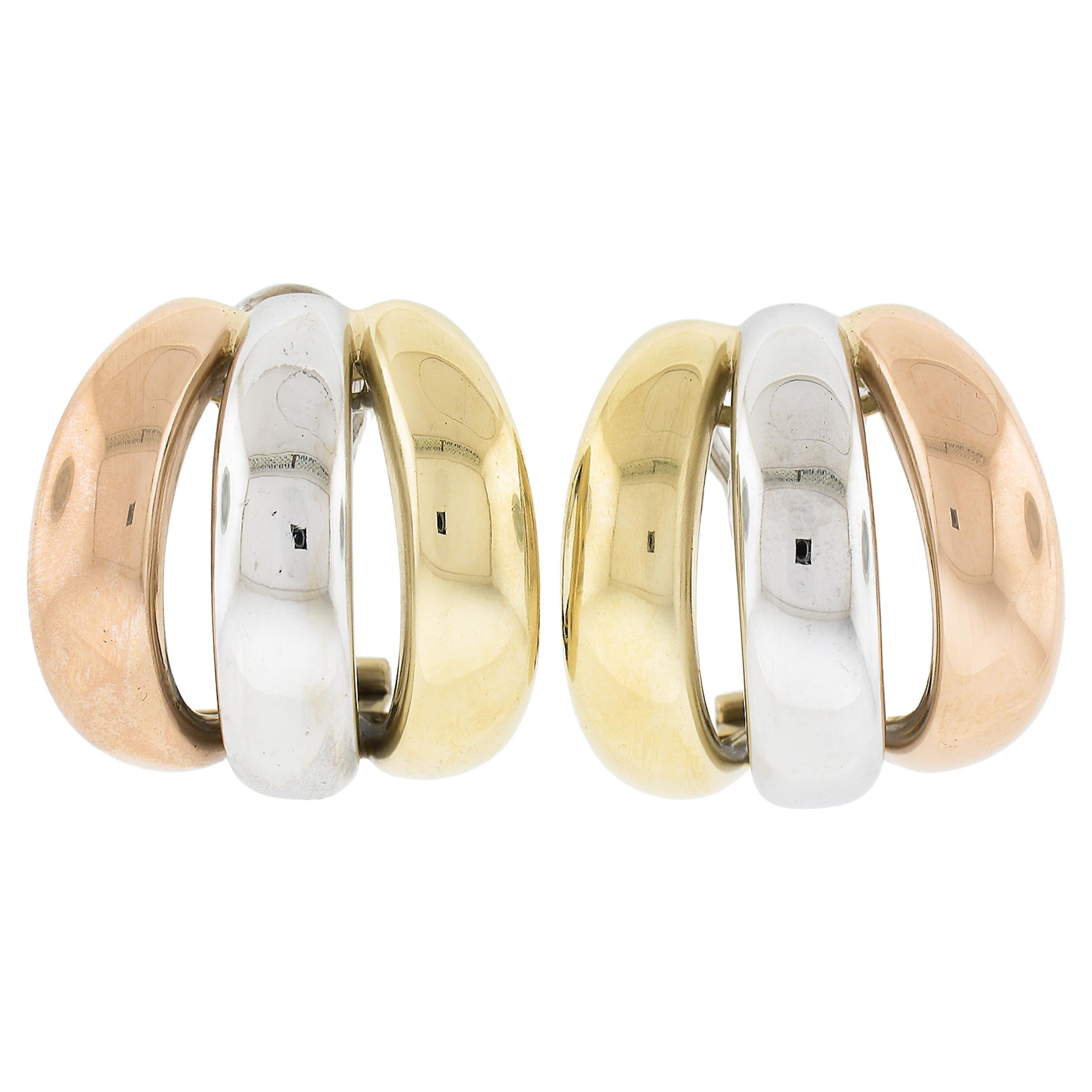 Leo Pizzo 18k Tri Gold Large Wide 22.6mm Polished 3 Hoop Omega Cuff Earrings For Sale