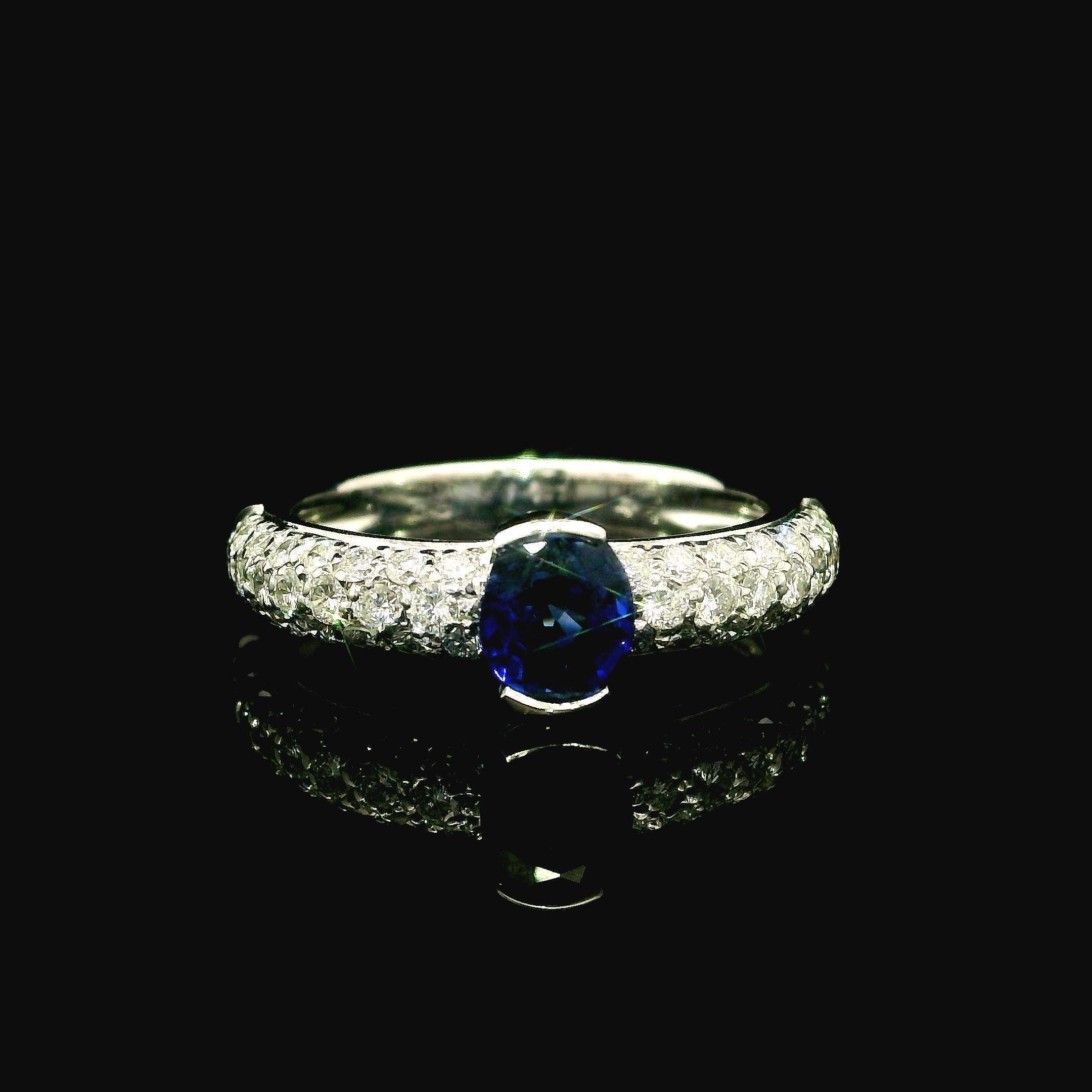 Leo Pizzo 18k White Gold 1.51ctw Oval Royal Blue Sapphire & Pave Diamond Ring 7